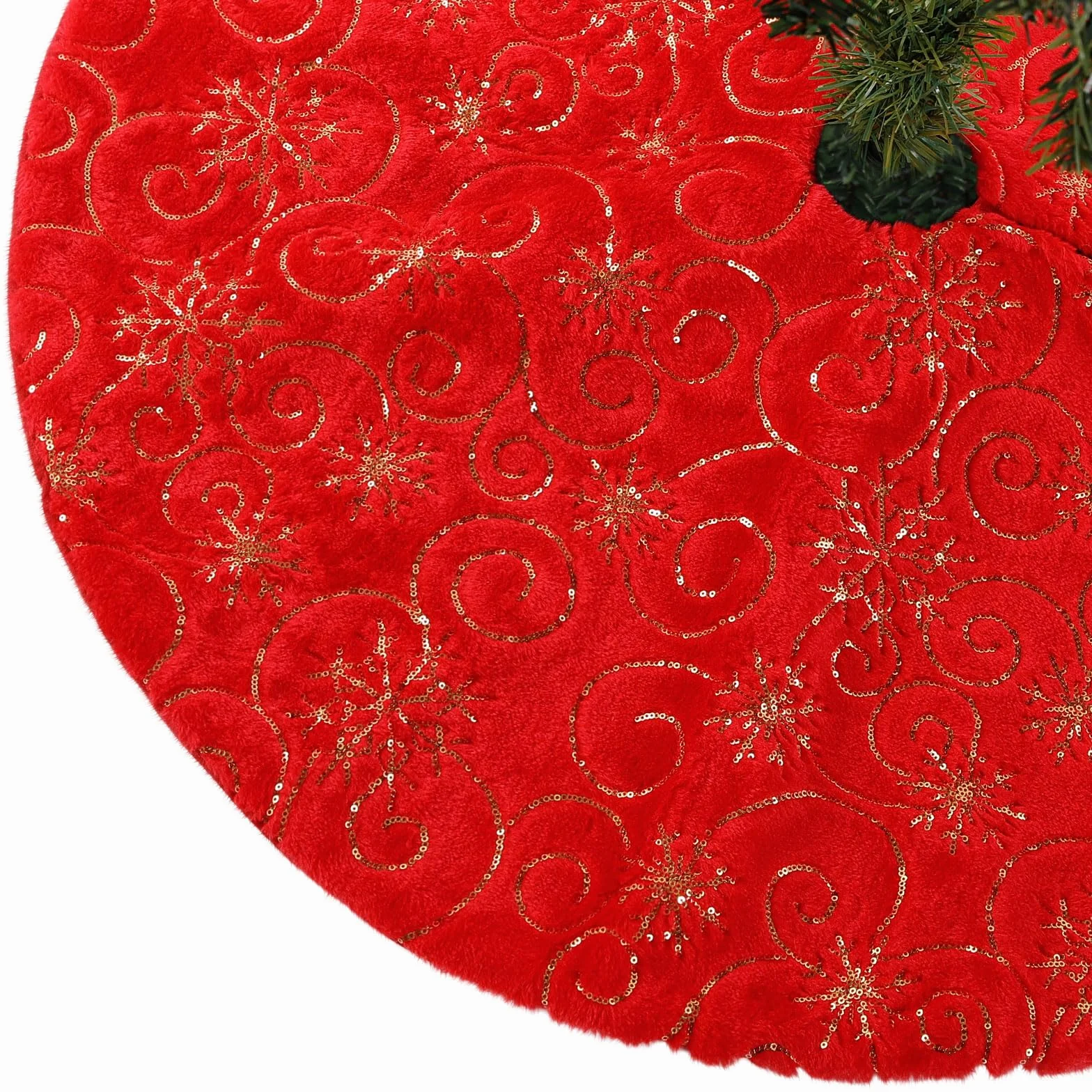 CITÉTOILE Falda de árbol de Navidad de Piel Sintética con Dorado Lentejuelas de Copo de Nieve, Falda Redonda árbol Navidad, Alfombra para Decoración Navideña, Rojo, S