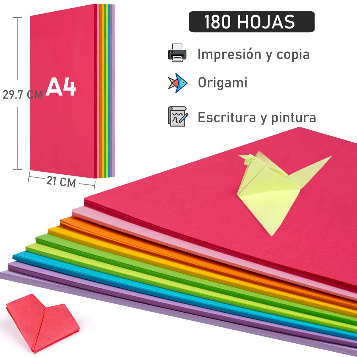 Papel para papiroflexia Origami A4 21x29.7 cm 180 hojas 90 g/m² 9 colores