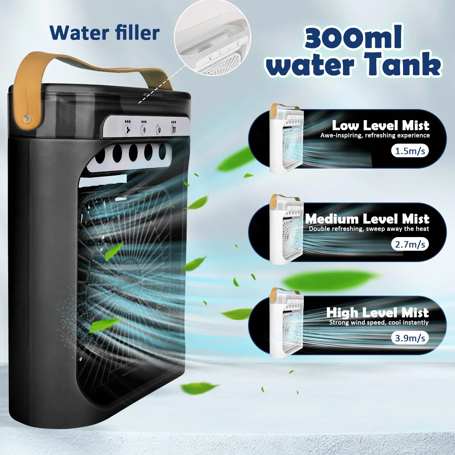 Mini Aire Acondicionado Portatil 4 en 1 Enfriador de Aire Pequeño con 600 ml Tanque, 3 Velocidades, 3 Nebulización, 2-6H Cronometrado, 6 LED Ventilador Refrigerador para Dormitorio Oficina