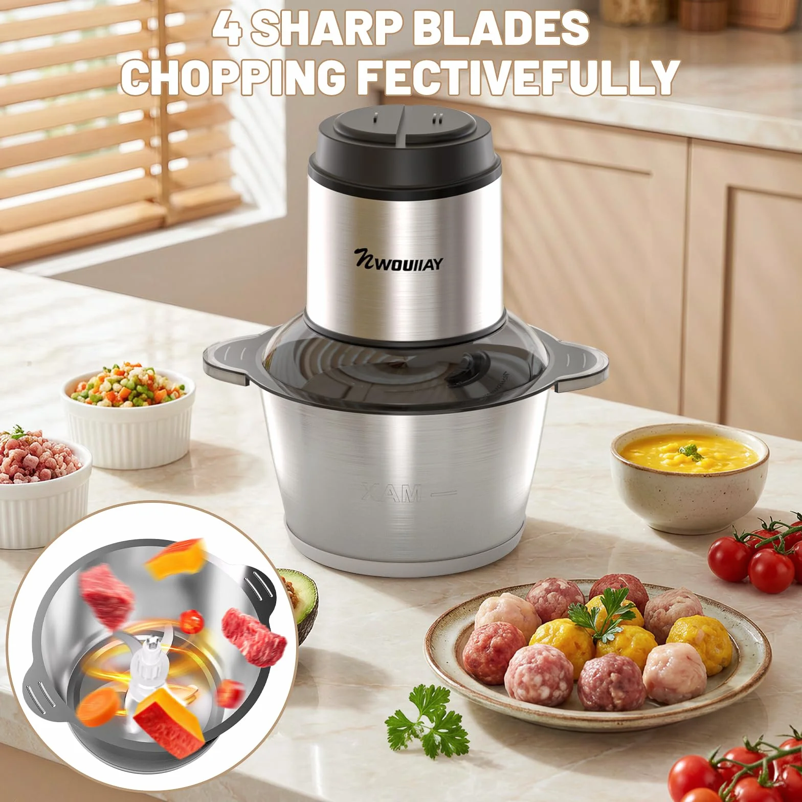 Picadora de Carne Eléctrica 300W 2L, Trituradora Multifuncional para Cocina Doméstica con 2 Velocidades y 4 Cuchillas de Acero Inoxidable, Ideal para Carne, Verduras, Frutas y Cebolla