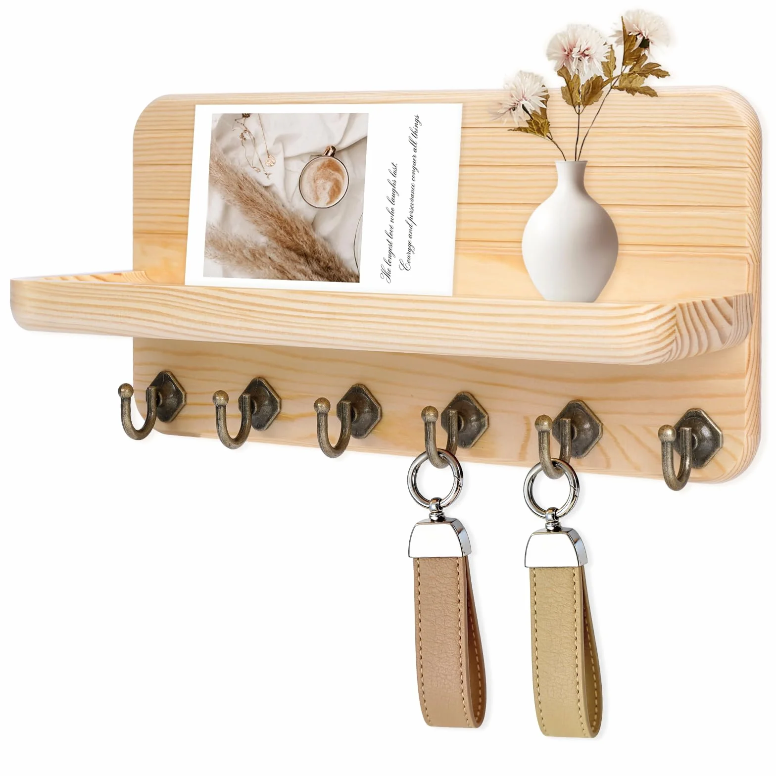 Colgador Llaves Pared Cuelga Llaves con 6 Ganchos Porta Llaves de Pared para Salón, Entrada, Pasillo, Oficina (Color Madera)