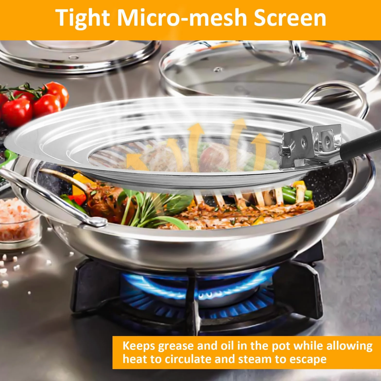 Zocipro Tapa Sarten Antisalpicaduras, Protector Salpicaduras Cocina de Acero Inoxidable con Mango de Silicona Plegable, Protector Universal de Salpicaduras para Sartenes de 20, 24 y 28cm