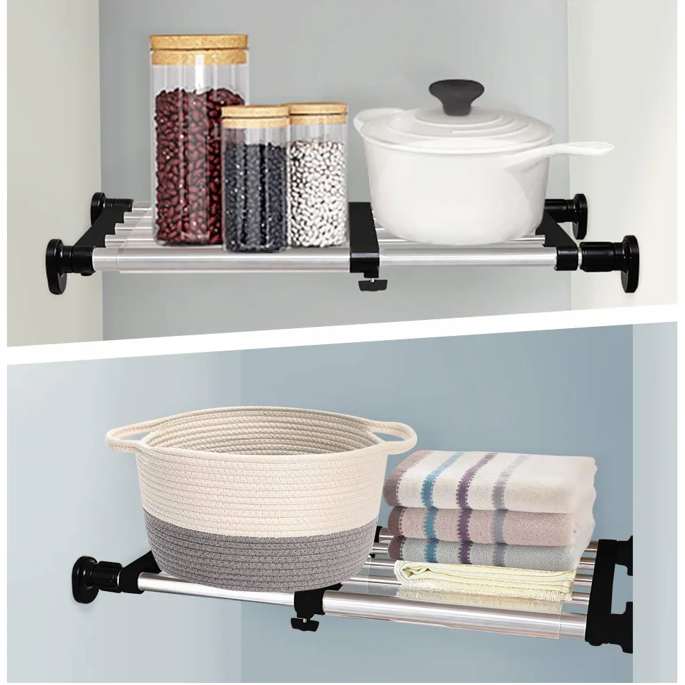 BAOYOUNI Estante de Almacenamiento Extensible para Armario Barra de Tensión Sin Taladro Ajustable Longitud 40-60cm Organizadora para Cocina, Baño, Lavadero, Garaje, Dormitorio, Negra