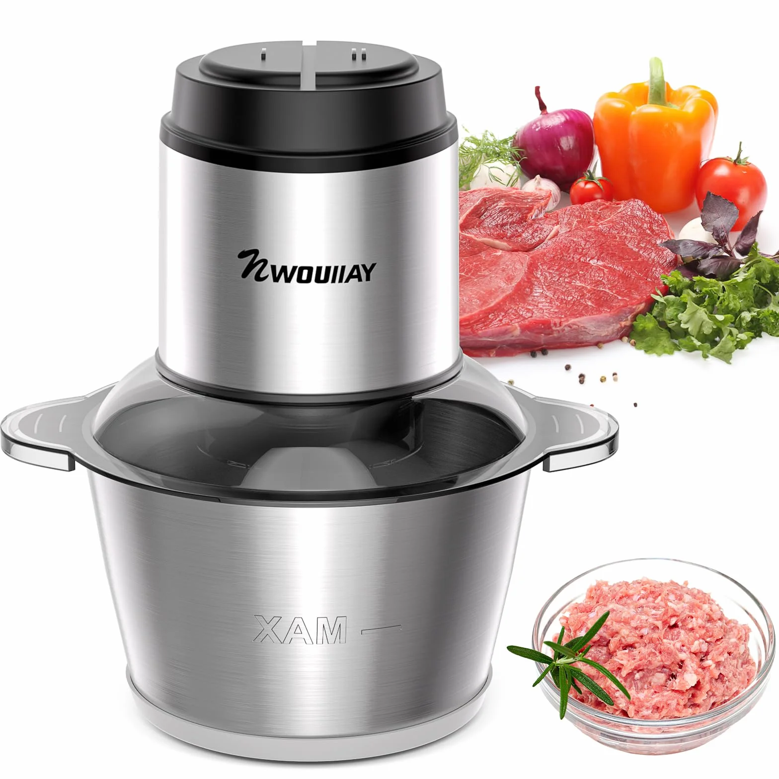 Picadora de Carne Eléctrica 300W 2L, Trituradora Multifuncional para Cocina Doméstica con 2 Velocidades y 4 Cuchillas de Acero Inoxidable, Ideal para Carne, Verduras, Frutas y Cebolla