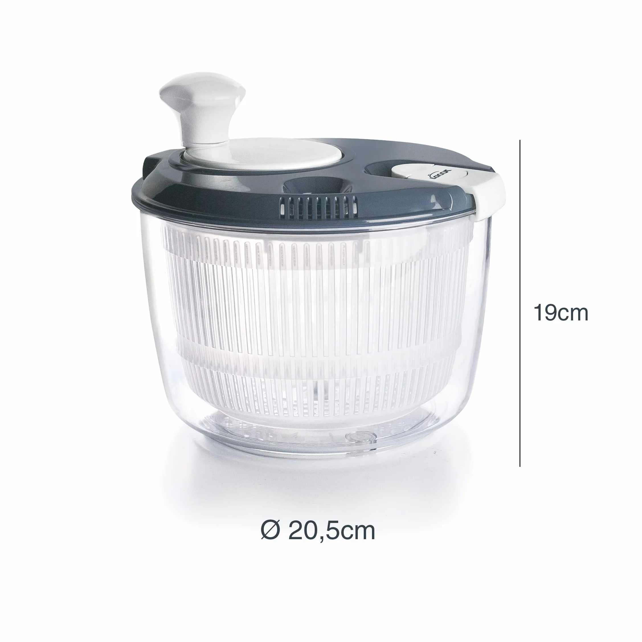 Lacor - 61422 - Centrifugadora KLEIN de Gran Velocidad, Pomo Giratorio, Sistema de Bloqueo, 3 piezas: Escurridor, Rejilla, Bol, 100% libre BPA, Ø 20,5 x 19 cm, Gris
