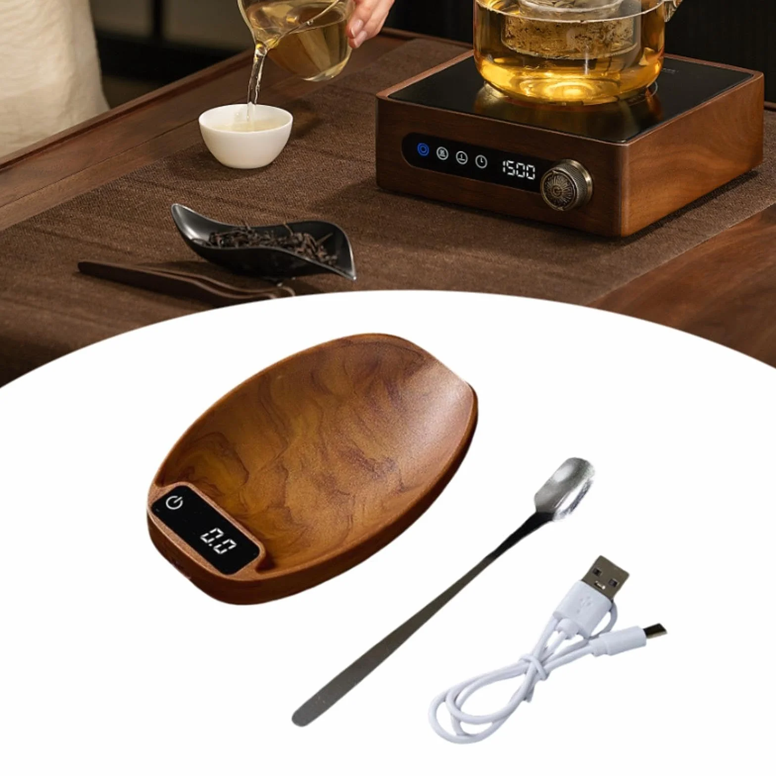 Electrónica para Medir Alimentos Té Café con Cuchara Digital Material PP Acabado Madera Diseño Pequeño Recargable USB Apta para Oficina Hogar, MarrÓn, Individual