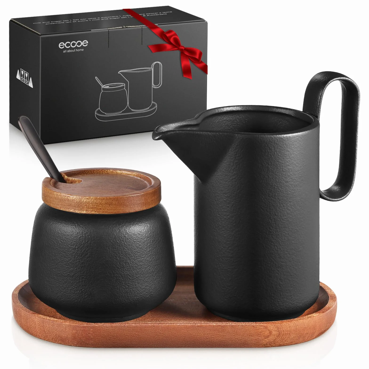 Ecooe Juego de Leche y Azúcar - Jarra de Cerámica Negra y Azucarero con Tapa y Cuchara de Metal, Bandeja de Madera