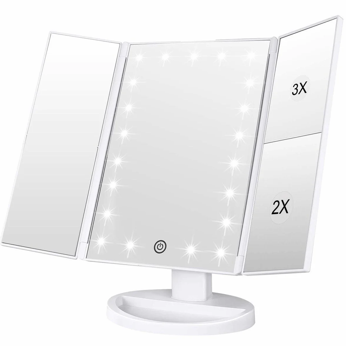 WEILY Espejo de Maquillaje de Tres Pliegues con 21 Luces LED y Pantalla táctil Ajustable (Blanca)