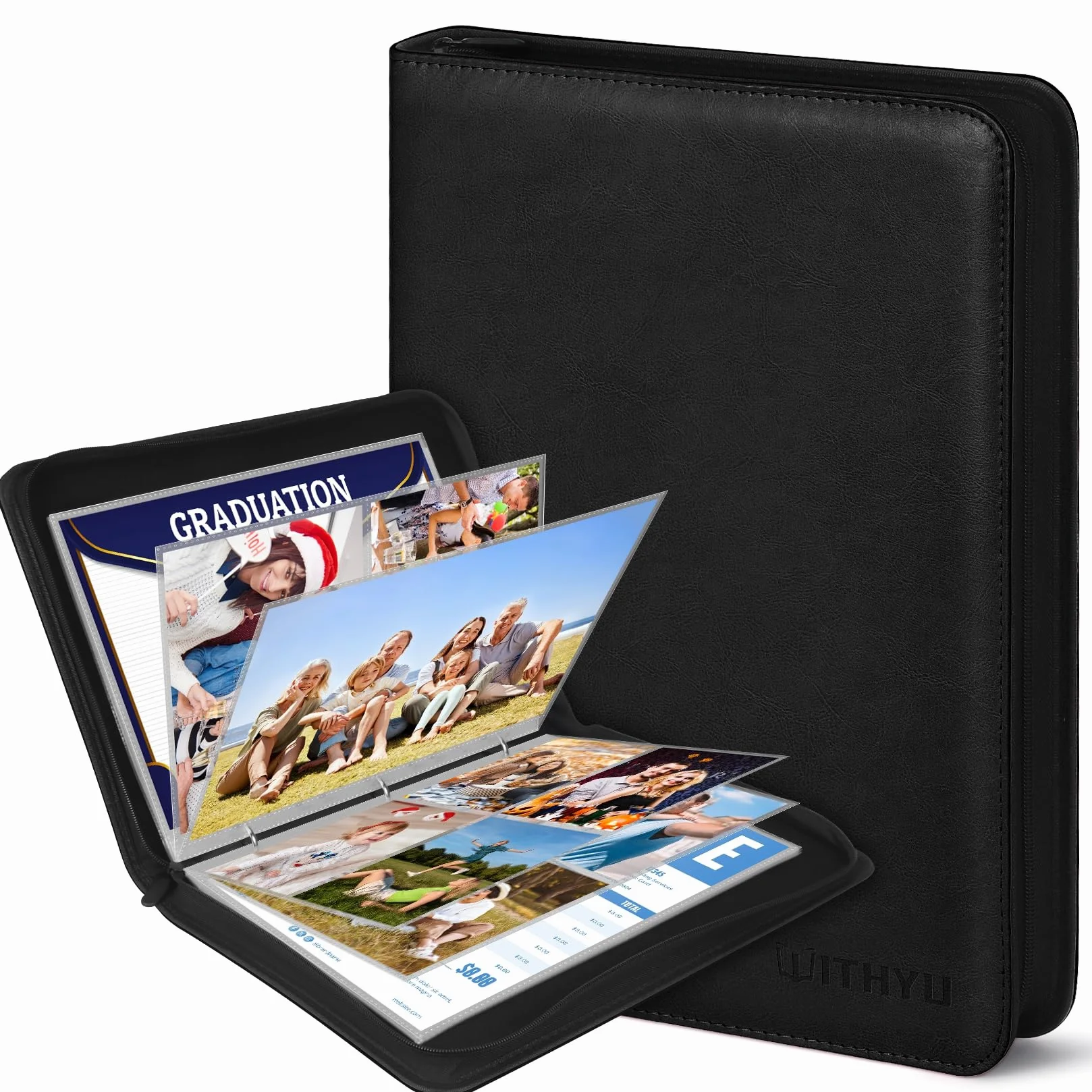 Álbum de Fotos A4 de Cuero PU con Fundas Transparentes Extraíbles - 30 Páginas (Tres Tipos de Bolsillos, Doble Cara) + Cremallera Impermeable - Para Fotos, Recuerdos de Bebé y Documentos (Negro)