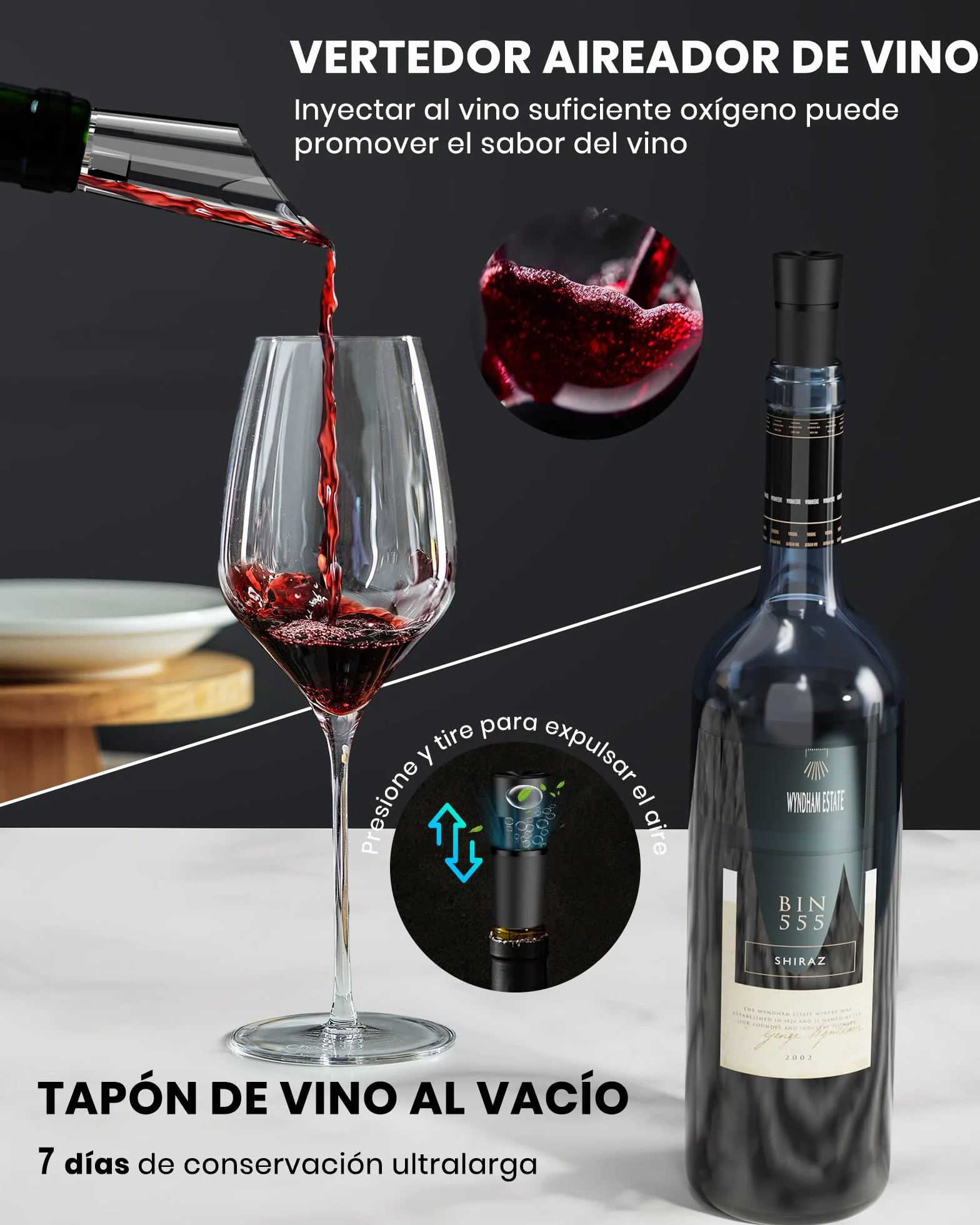 Sacacorchos eléctrico recargable, abridor de vino electrico saca rolhas regalos para hombre mujere abrebotellas con vertedor aireador, 2 tapón de vino al vacío, cortador láminas y cable USB