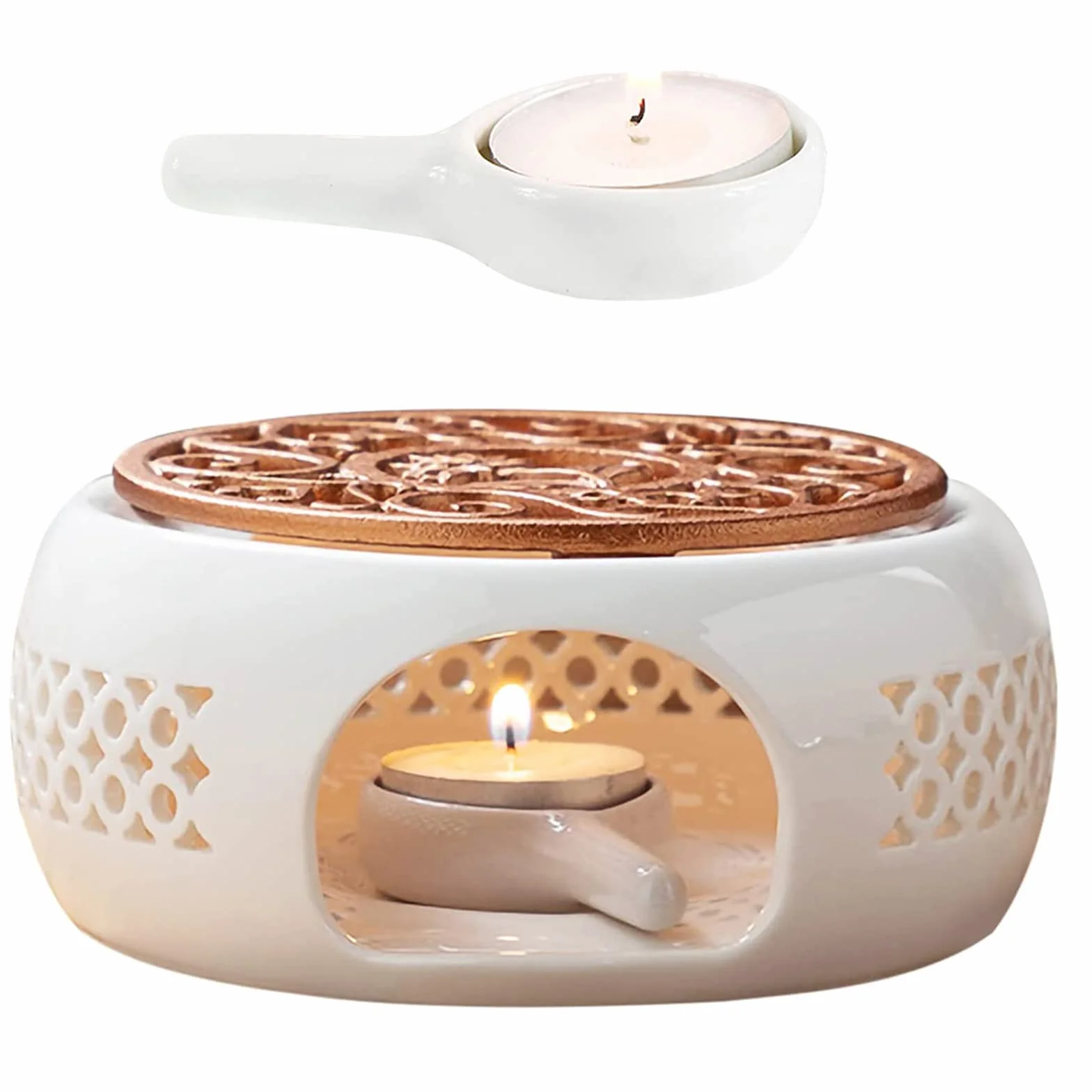 Calentador de Tetera de Porcelana con Cuchara y Tapete, Base Tallada Hueca para Té y Café, Blanco