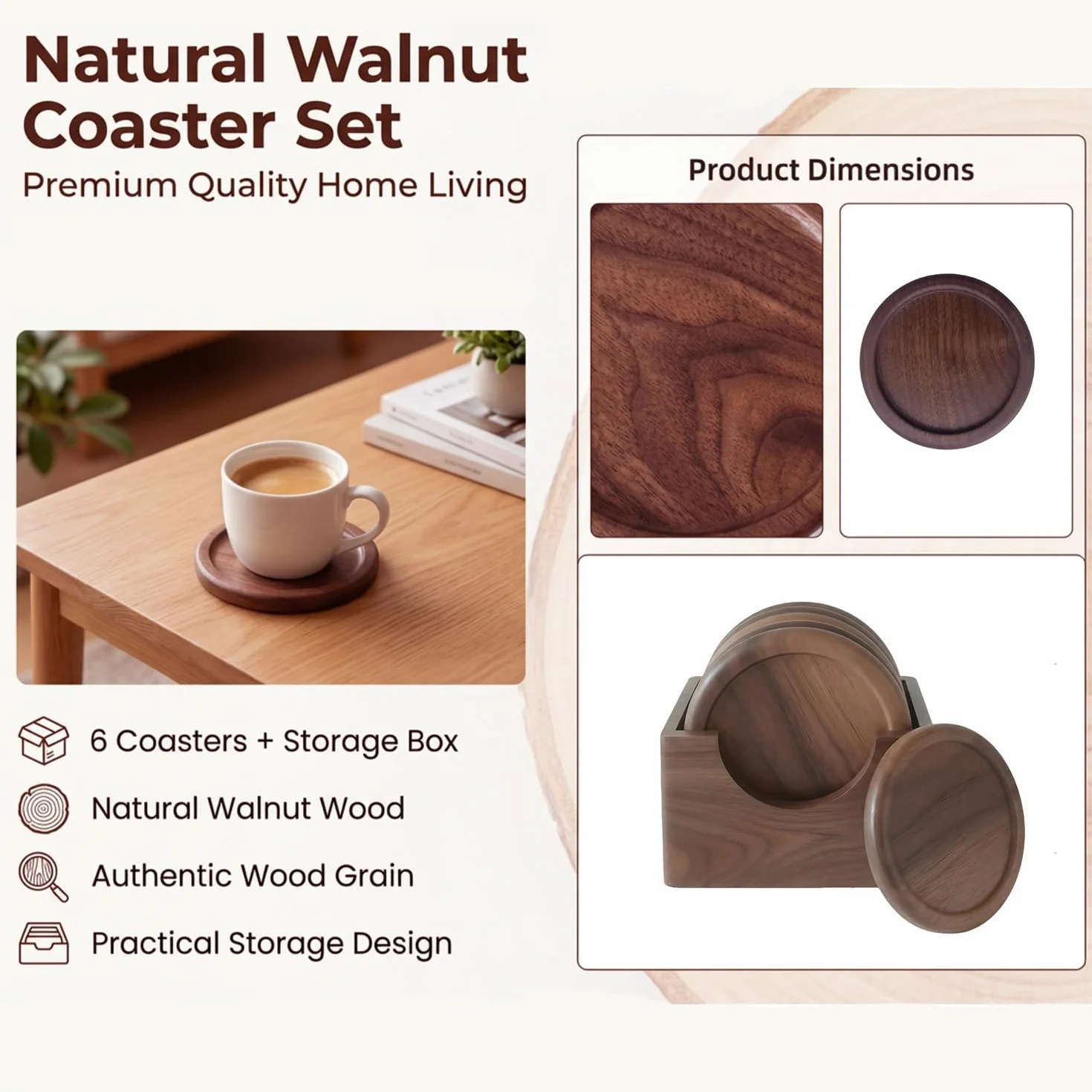 Posavasos de Madera de Nogal, Set de 6, 10 cm, Soporte Incluido para Vasos de Whisky, Copa y Tazas