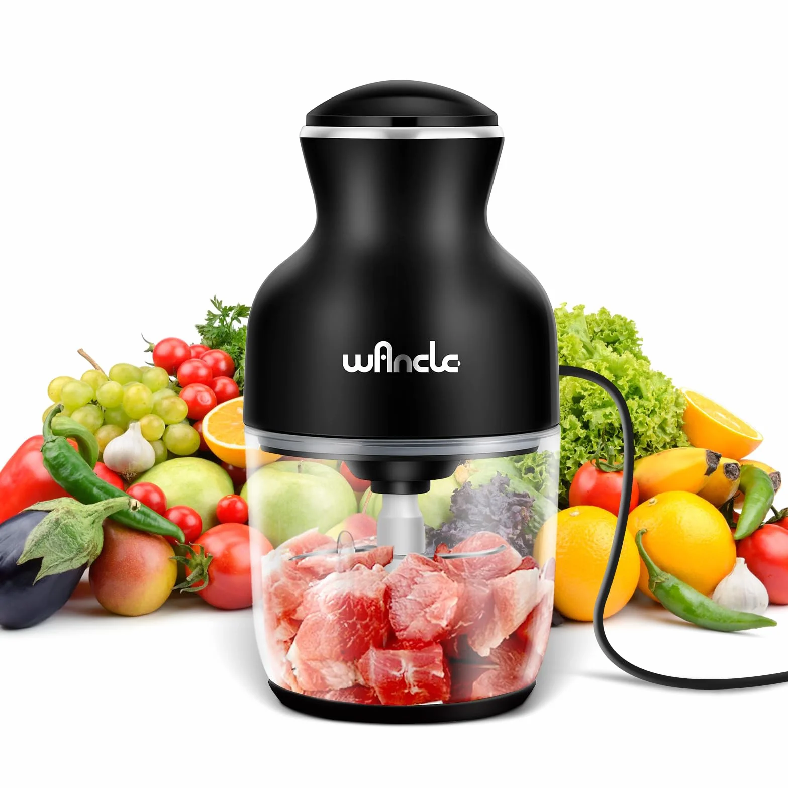 Wancle Picadora Eléctrica 350W, Picadora de Carne Multifuncional 600ML, Fácil de Limpiar, Silenciosa, Ideal para Cocinar en Casa (Negro)