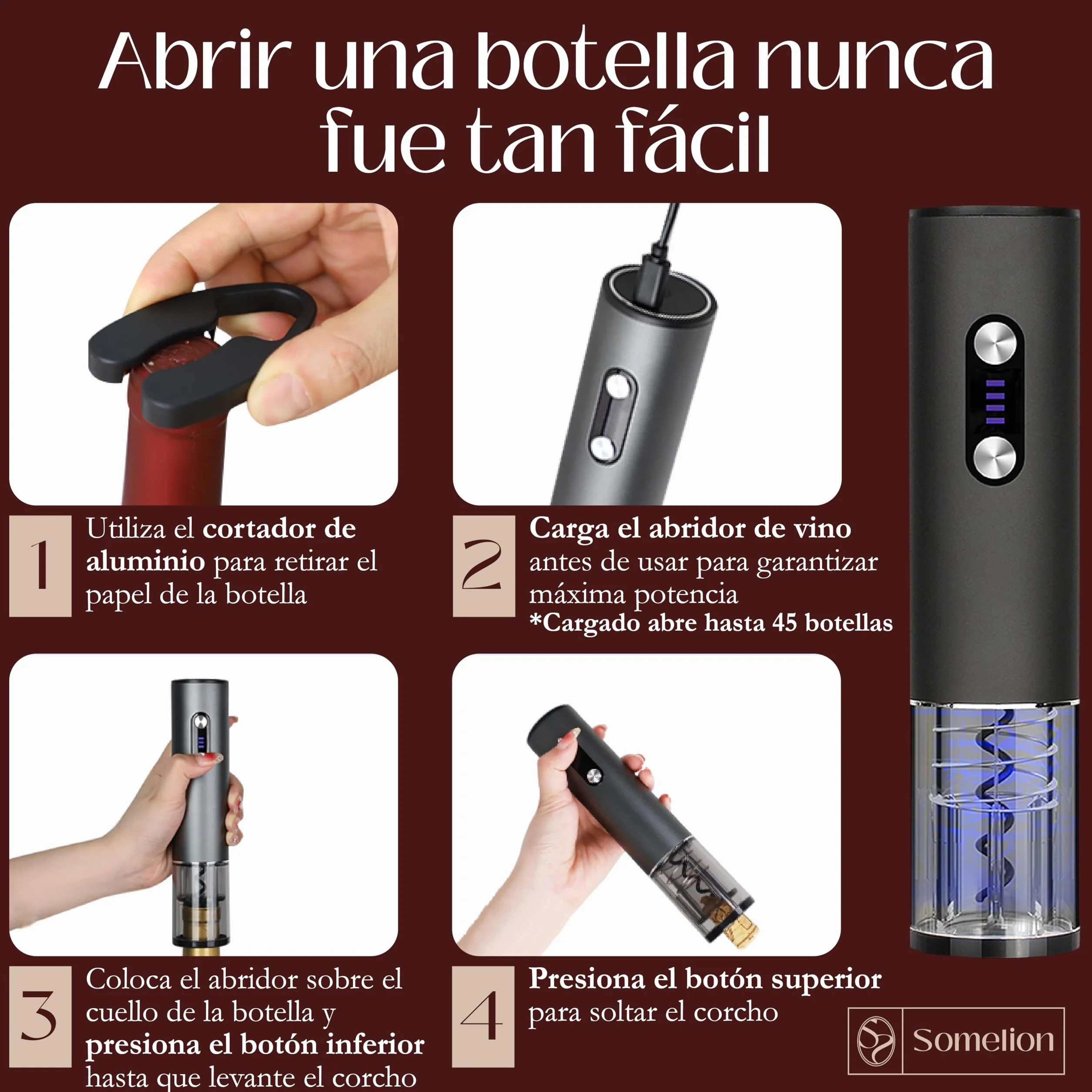 Abridor Electrico de Vino con Pantalla de Bateria Set 7 en 1 con Base Accesorios Vacio Vertedor Carga UsbC Apertura Rapida 6 A 10 Segundos Regalo Ideal Portatil Facil de Usar Diseño Premium en Español