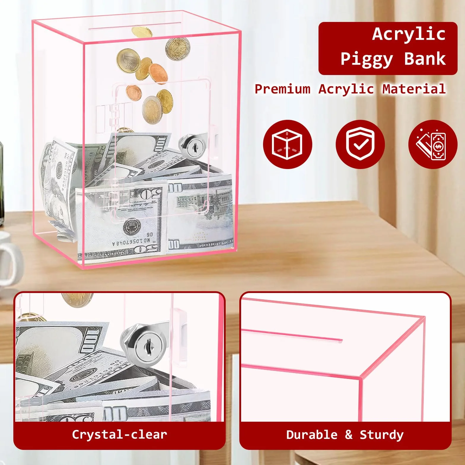 Hucha Transparente de Acrílico con Llave, 15x12x20cm, Caja de Donaciones con Cerradura, Contenedor para Monedas y Billetes