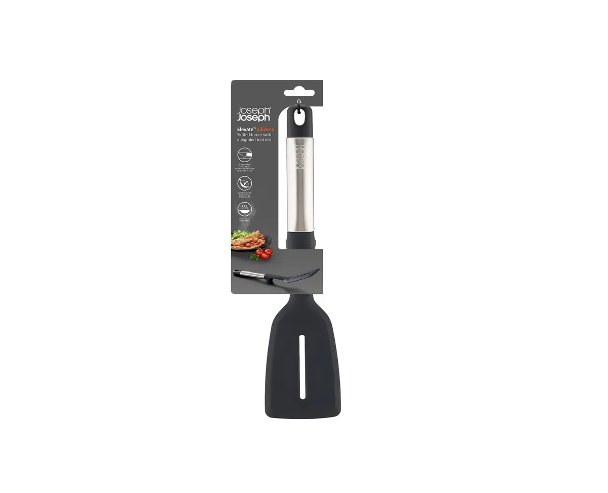 Joseph Joseph Elevate Paleta de Cocina de Silicona con Ranuras, Accesorios, Antiadherentes, Resistentes al Calor, Mango en Acero Inoxidable