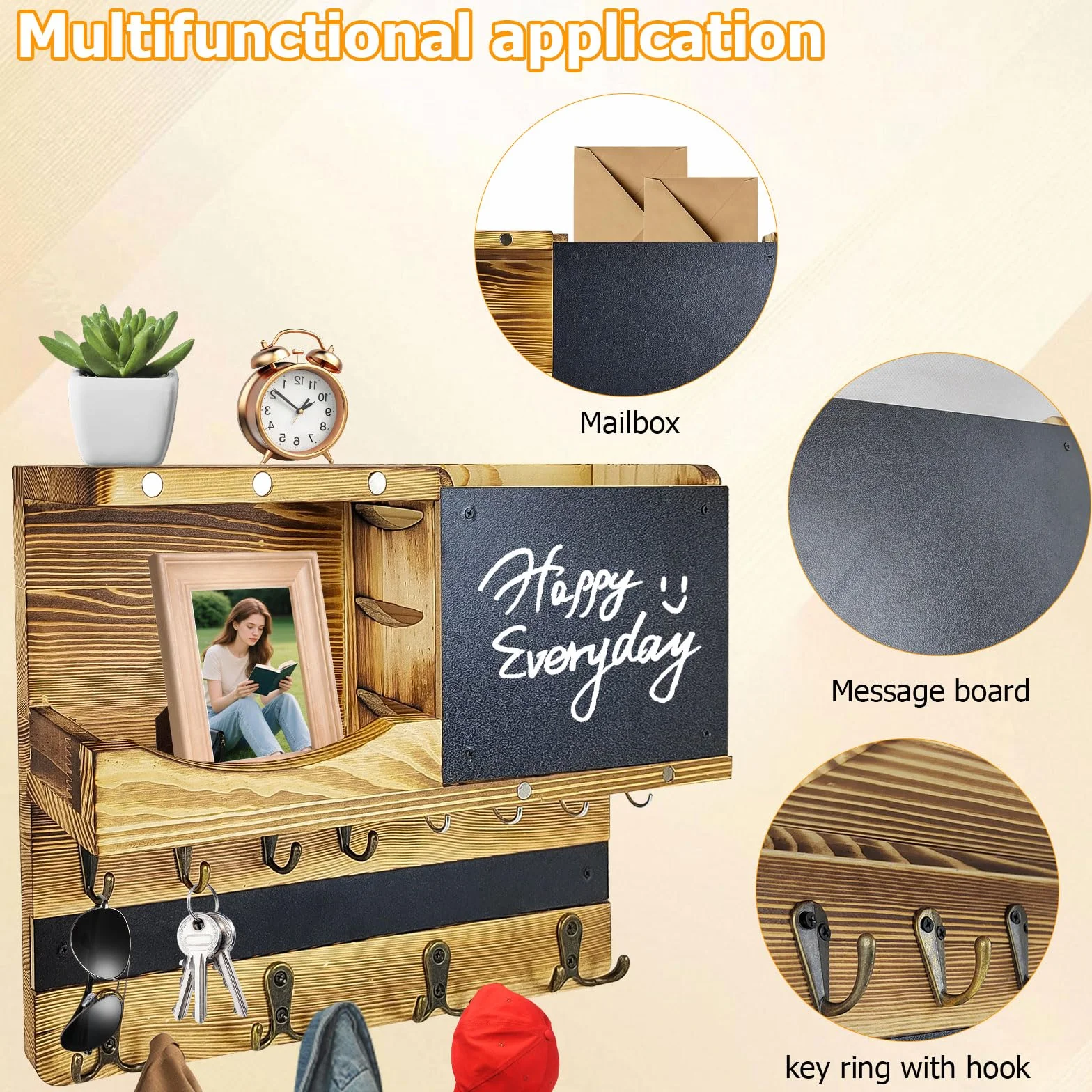 Porta Llaves de Pared de Madera con Compartimento de Almacenamiento, 8 Ganchos y 4 Ganchos Dobles, con Tablón de Anuncios, Apto para Llaves, Sombreros, Ropa, Bolsos