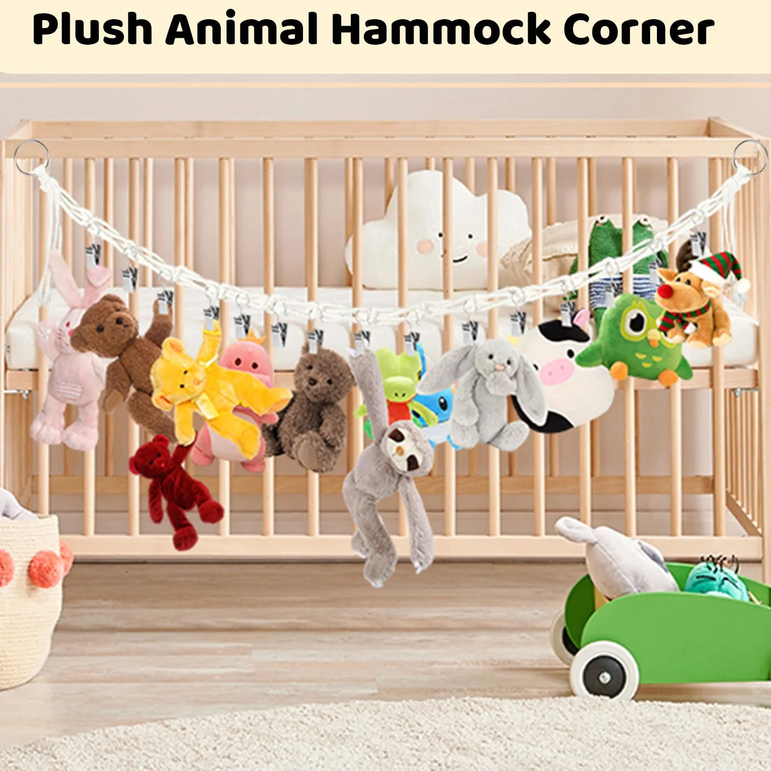 Mezrkuwr Soporte colgante para juguetes de peluche con 20 pinzas de metal, cadena organizadora de peluche, decoración para habitación infantil, para colgar sombreros, calcetines, tarjetas de Navidad