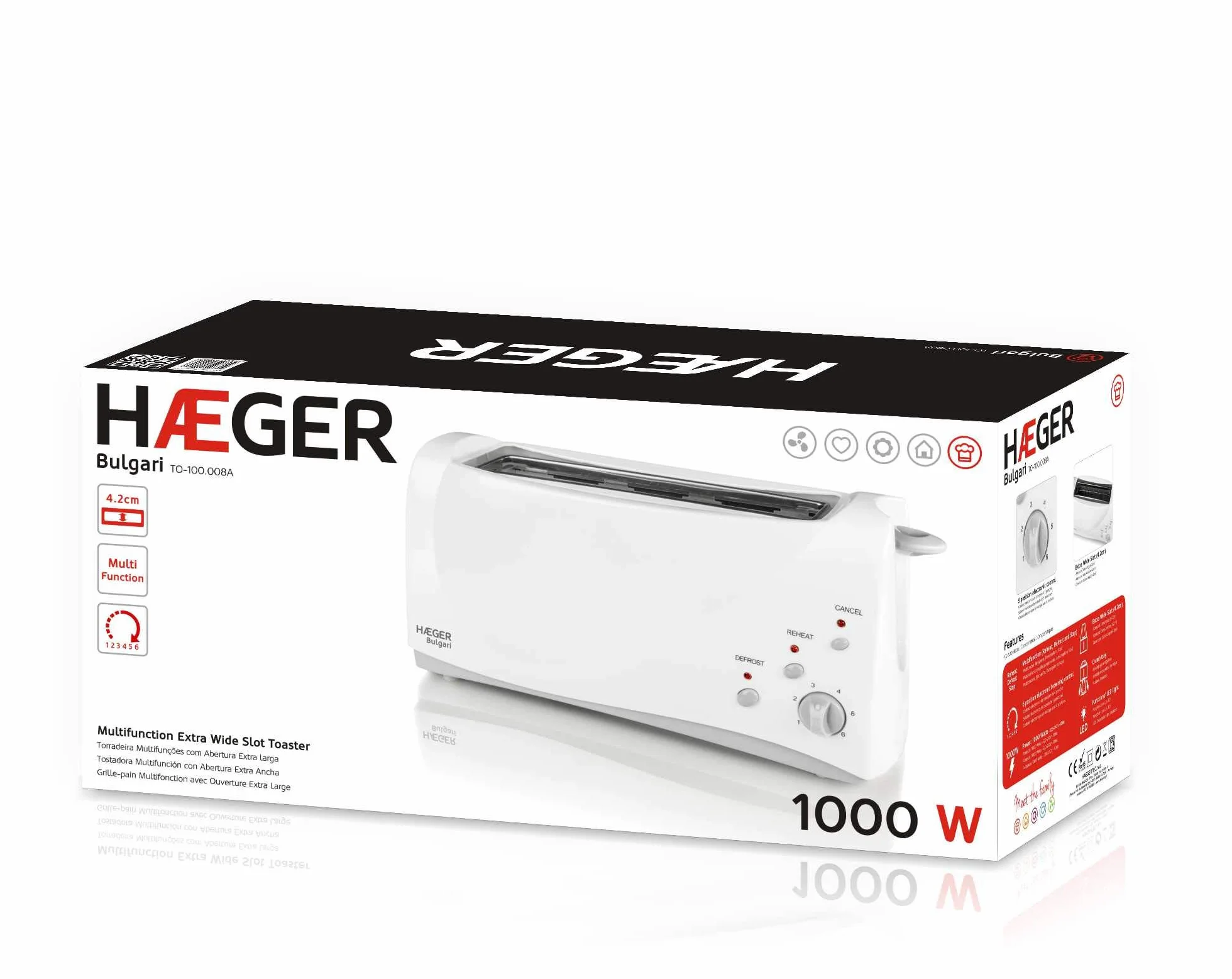 HAEGER BULGARI - Tostadora Multifunción con 1000W - Ranura Extra Larga, Control de Tostado - 6 Posiciones, 3 Funciones: recalentar, descongelar y cancelar, Impulso Extra para pequeñas rebanadas