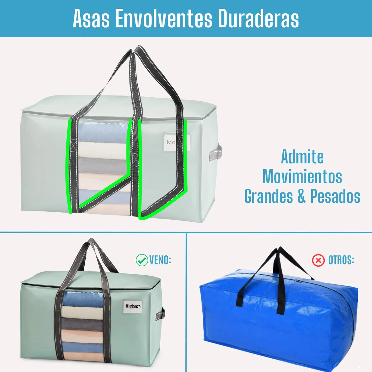 VENO Bolsa de Mudanza Extragrande y Resistente, Organizador de Ropa, Bolsas de Mudanza con Cremallera, Cubos de Almacenamiento Plegables, Almacenamiento en el Dormitorio(Verde Claro,Pack de 2)