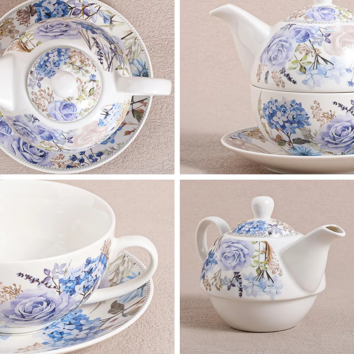 fanquare Juego de Té para Una Persona en Porcelana 400ml Diseño de Rosas y Hortensias Azules,Juego de Tetera con Taza de Café y Platillo para Té de la Tarde Desayuno y Regalo Hogar