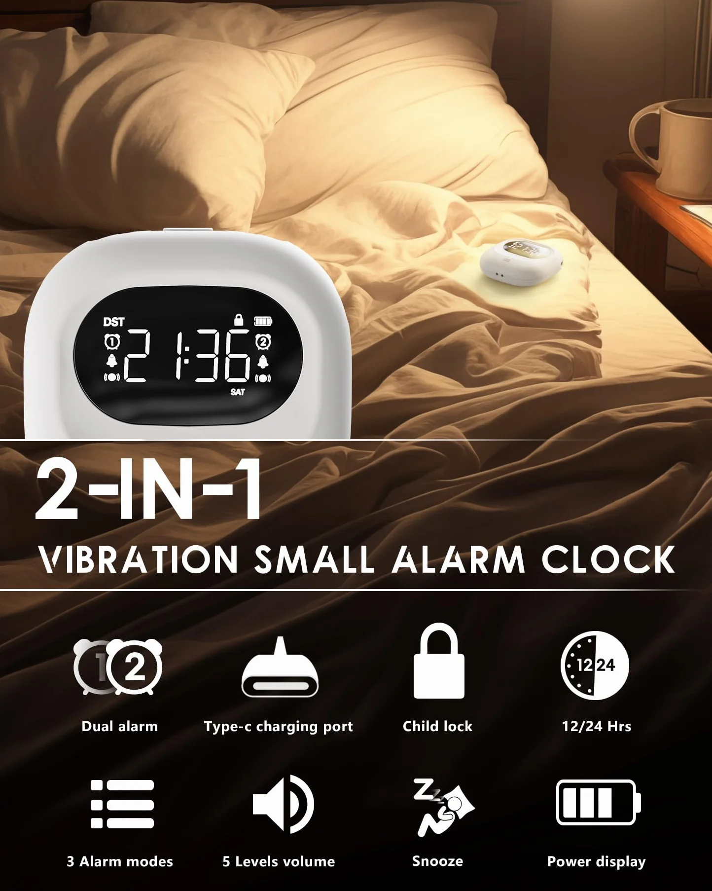 ROCAM Despertador con vibración para Personas Que Duermen Mucho, Funciona con Pilas, Volumen Ajustable en 5 Niveles, Alarma Doble/Fin de Semana, Snooze, 12/24H, DST, Reloj Digital portátil
