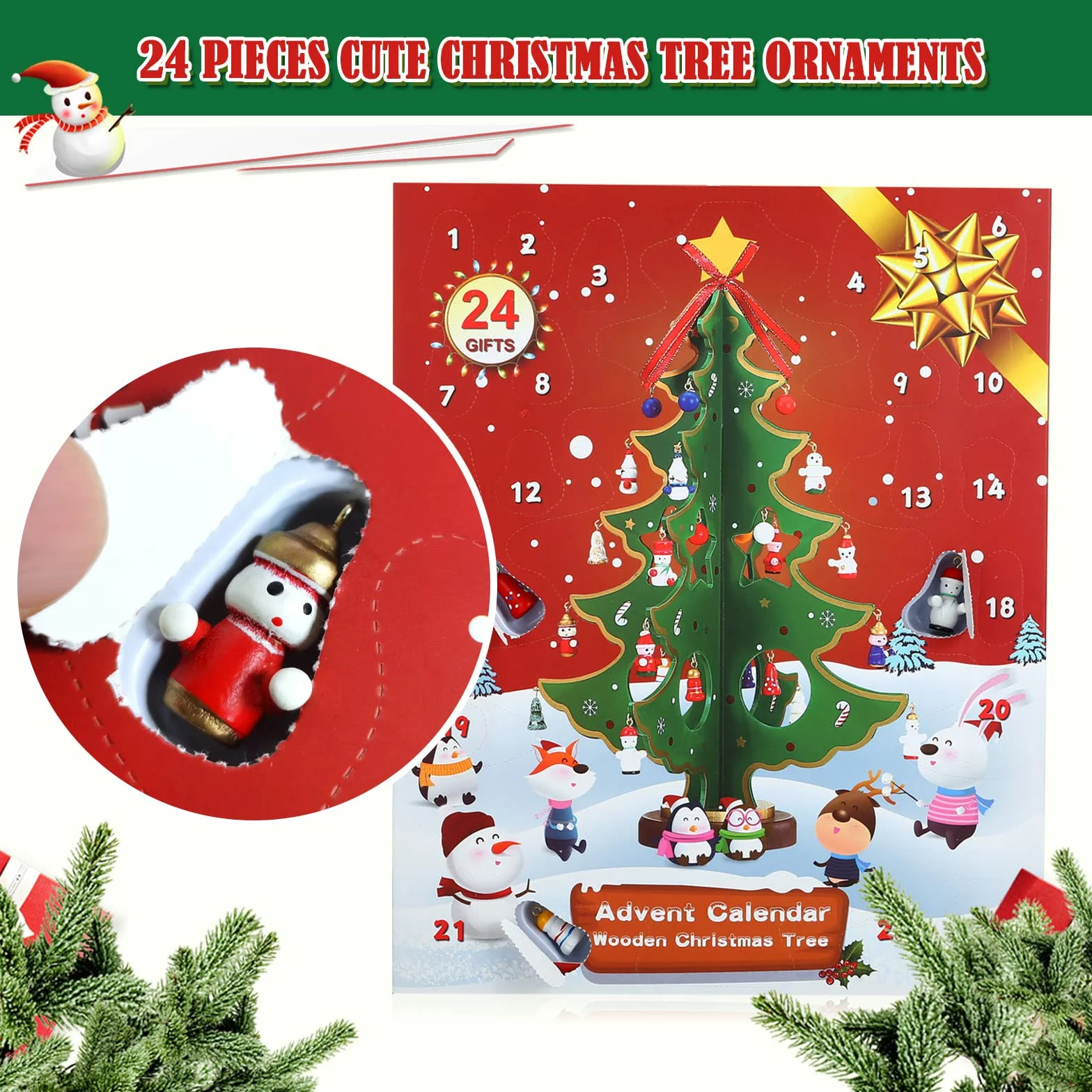LEMESO Calendario de Adviento Árbol de Navidad Madera 3D con 24 Decoraciones Colgantes 35,5cm