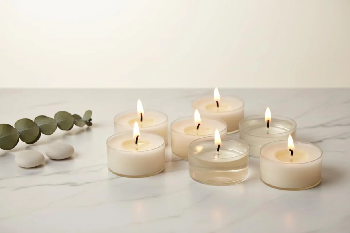 Velas de Cera de Colza Natural Candelitas en Taza Transparente Cera Blanca Luces Nocturnas No Tóxicas No Perfumadas (Caja de Kraft, 50 Candelitas - 8 Horas)