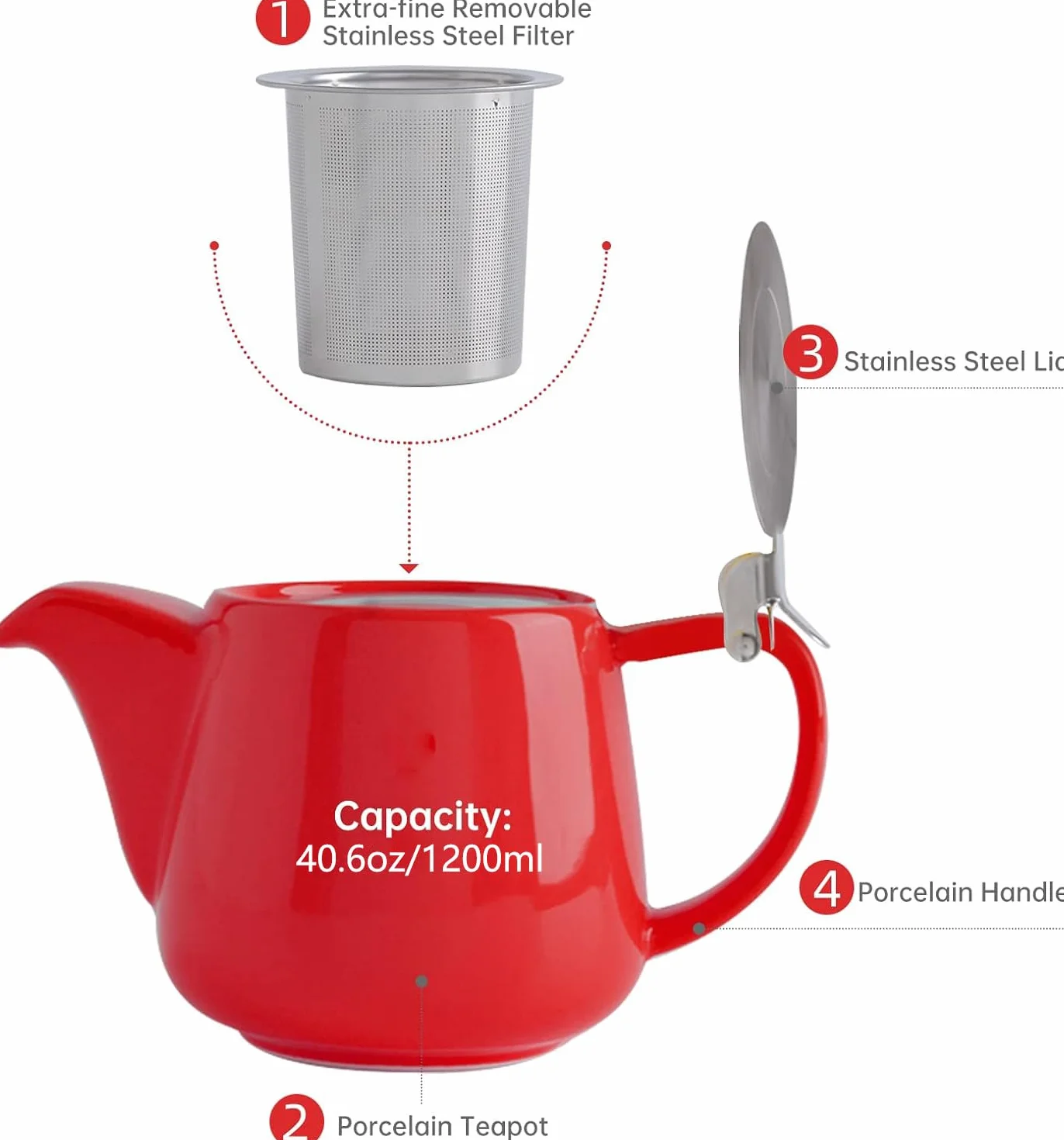 VIVILINEN Tetera con Infusor Extraíble y Tapa Metálica de 1,2 litros, Cerámica para Té en Hojas y Té a Granel