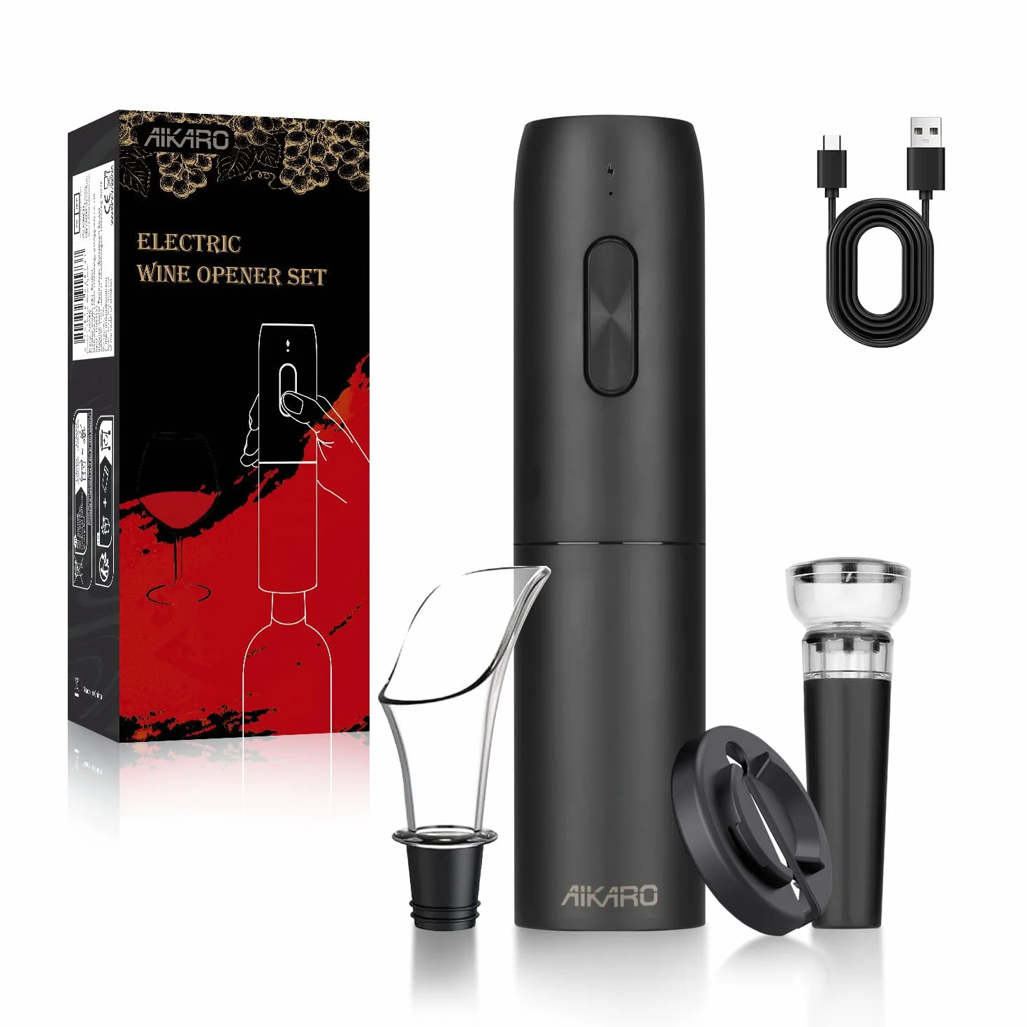 AIKARO - Abrebotellas de vino eléctrico Sacacorchos electrónico automático (Set A)