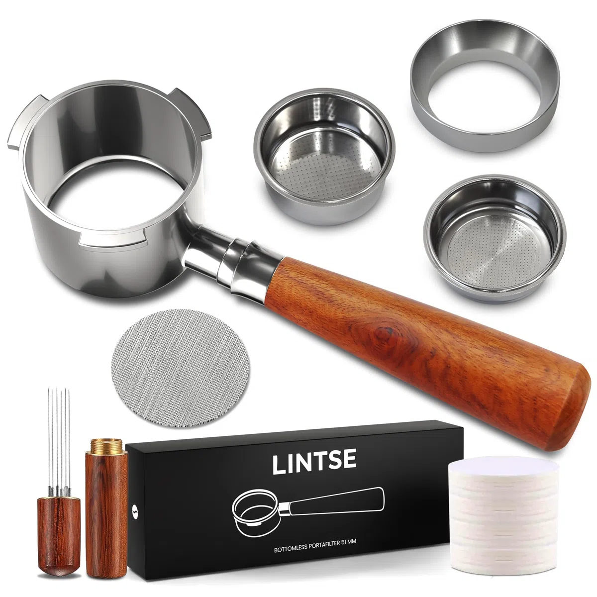 Portafiltro Sin Fondo 51mm para Espresso Preciso, Compatible con Portafiltro Delonghi Dedica, Incluye Kit Barista 51mm para una Preparación más Consistente, Madera Palosanto