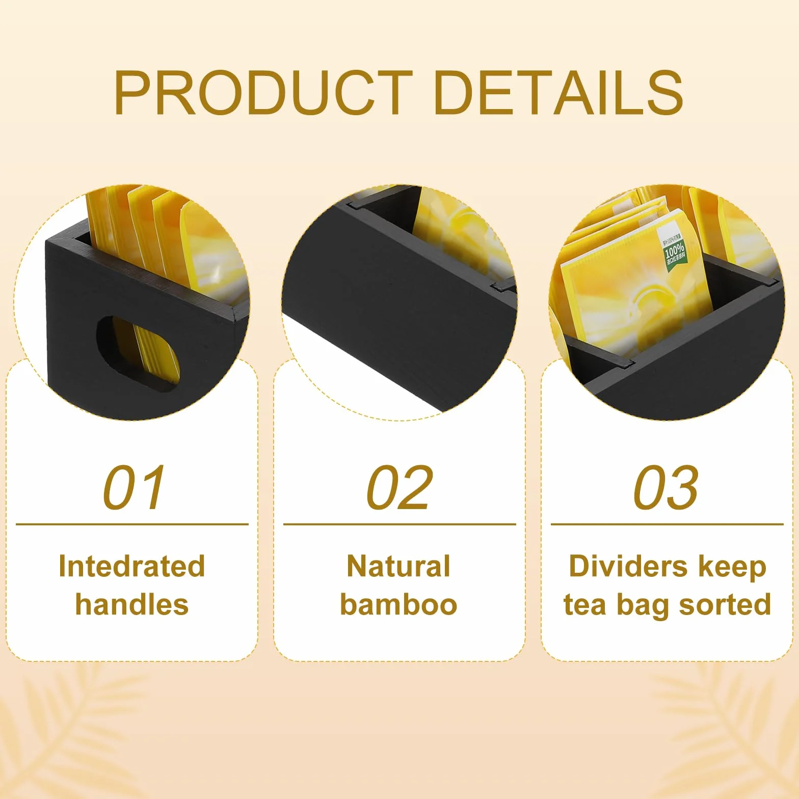 QUARKZMAN Organizador de Bolsitas de Té, Caja de Té de Madera de Pino con 3 Compartimentos Y Asa, Organizador de Almacenamiento de Té para Bolsitas de Té, Negro