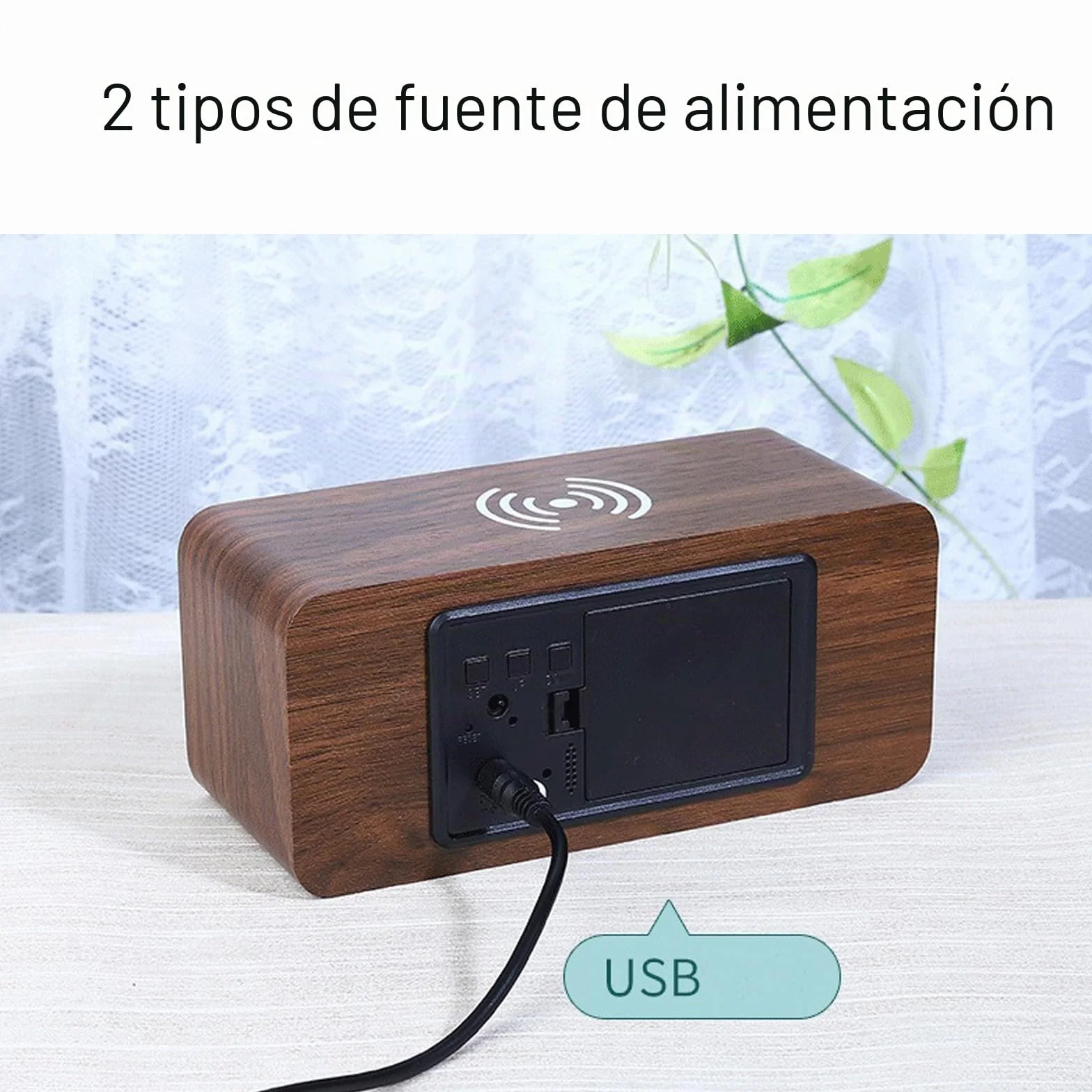 Reloj Despertador Digital con Carga Inalámbrica LED Pantalla de Temperatura y Humedad 3 Alarmas Brillo Ajustable Control de Sonido para Dormitorio Casa Oficina (Marrón)