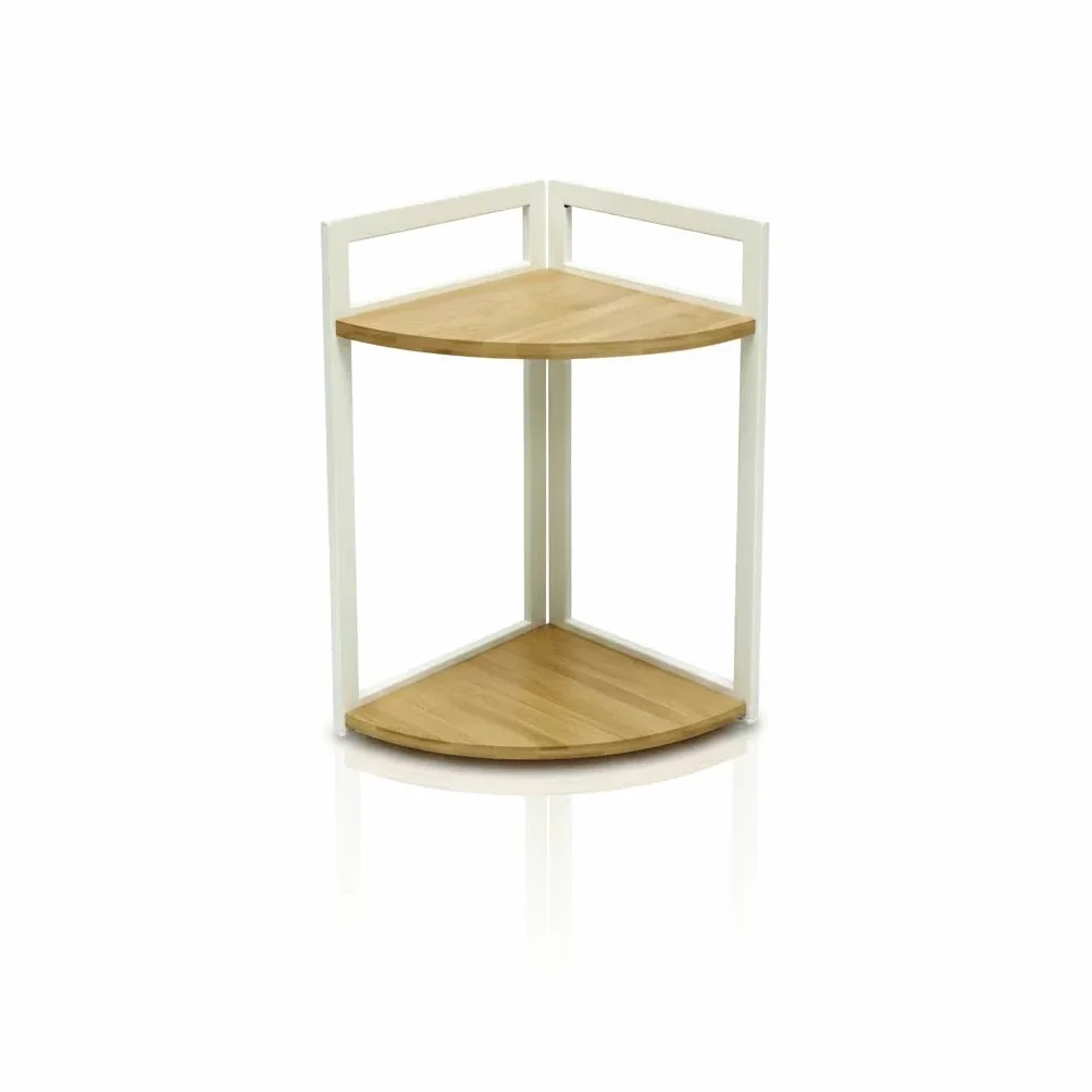 XZ-22122 Estante de Esquina de 2 Niveles con Marco de Metal Blanco y Baldas de Madera, Repisa Curva para Cocina, Estudio, Baño y Salón, Solución de Almacenaje para Rincones