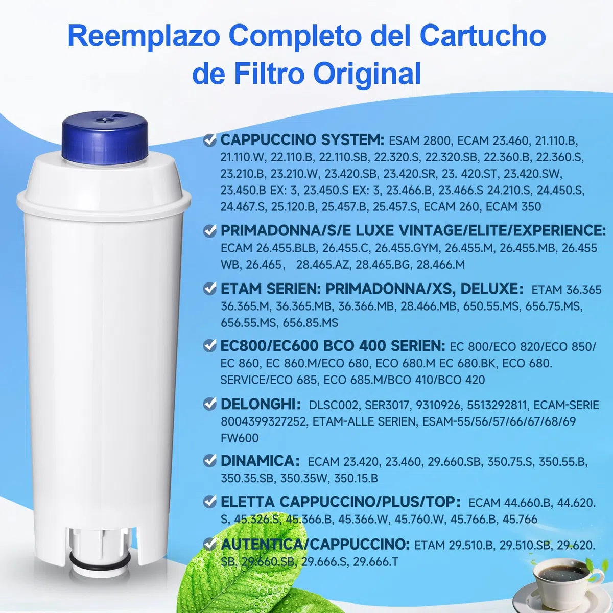 Filtro de Agua, Reemplazo para Filtro DLSC002, Compatible con Cafeteras De'Longhi Dinamica, Magnifica S, Eletta Explorer, ETAM Autentica EPAM y Serie ECAM (paquete de 6)