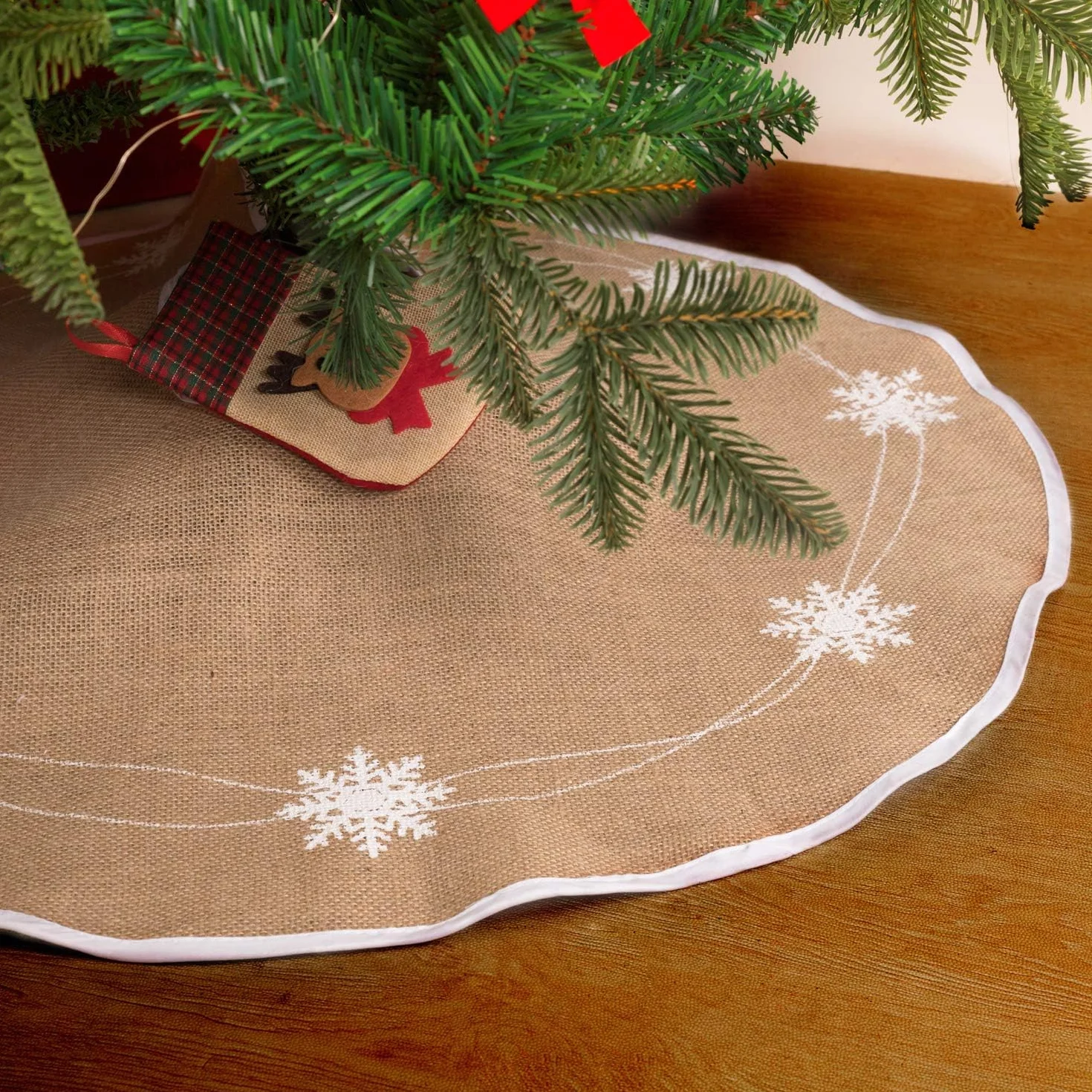 N&T NIETING Manta para árbol de Navidad, 75 cm, falda con copo de nieve blanco, arpillera, manta redonda para decoración navideña