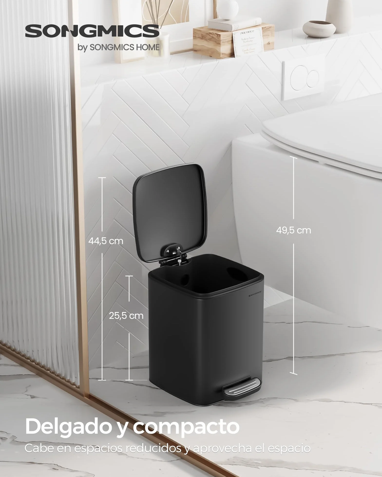 SONGMICS Cubo de Basura de Baño, 6 L Cubo Basura Compacta, con Pedal, para Espacios Pequeños, con Tapa de Cierre Suave, Acero, Negro LTB590B0602