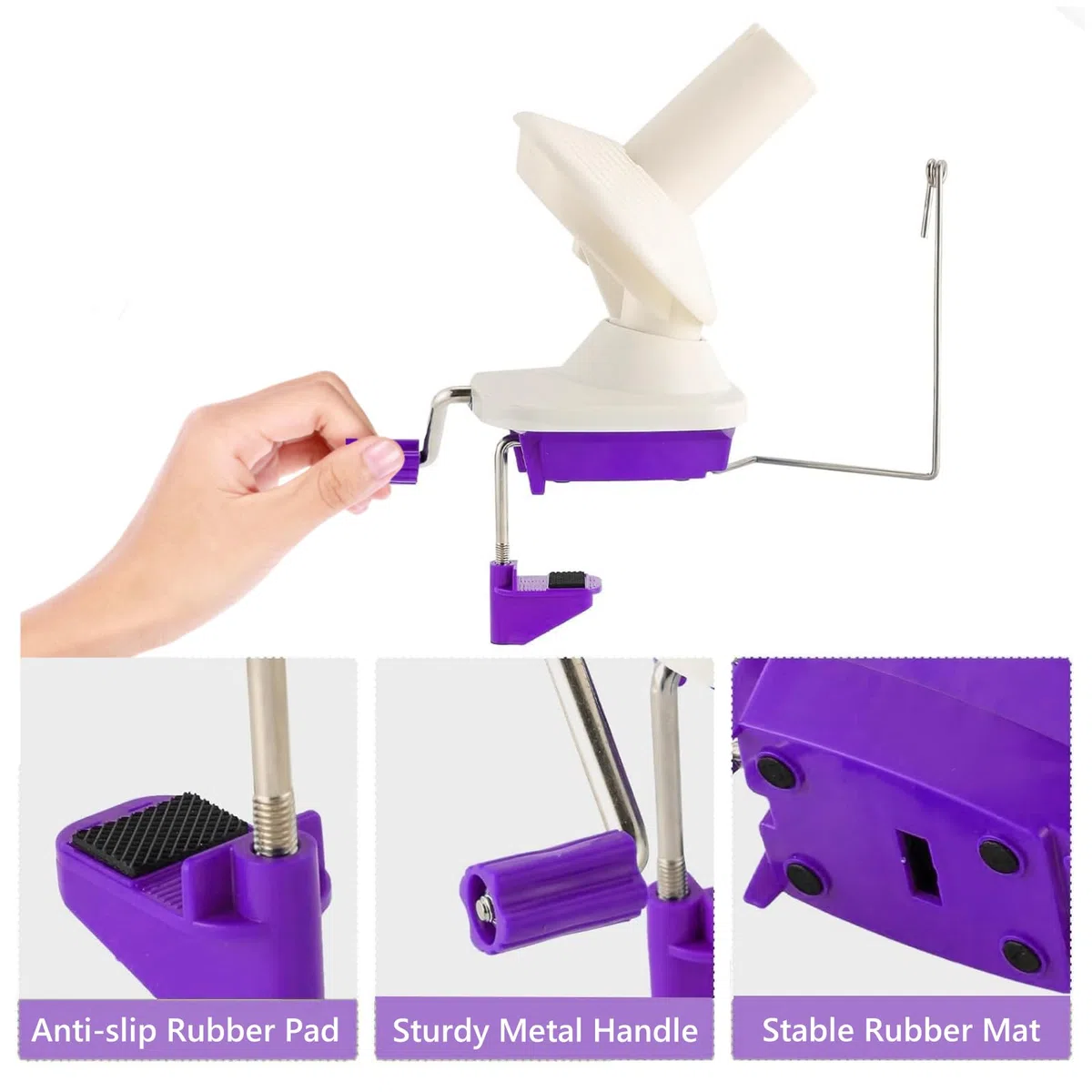 Bobinador de bolas de hilo, enrollador de bolas moradas a mano para hilo, enrollador de hilo con fácil instalación para almacenamiento de hilo + 2 piezas de ganchillo ajustables + 10 agujas de tejer +