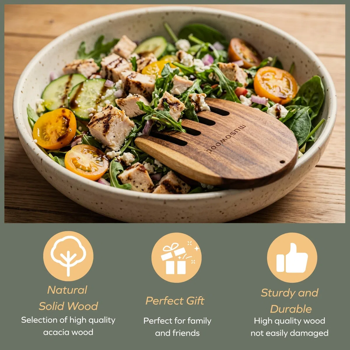 Muso Wood Manos de ensalada de acacia, pinzas de madera para servir mezclas de ensalada, juego para servir ensalada de frutas en tu encimera de cocina, 5.1 x 3.6 x 0.4 pulgadas, un par