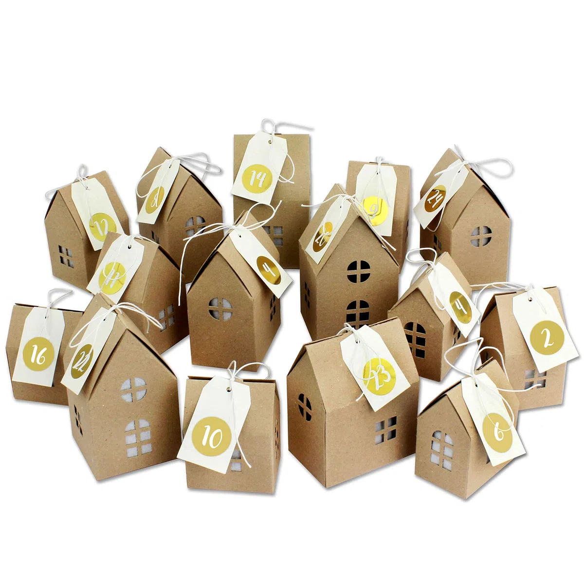 Papierdrachen Calendario de Adviento DIY para Hacer Manualidades y Rellenar - Juego de Casitas con Pegatinas de números Dorados - 24 Cajas de Color marrón Natural de cartón de 400g/m² - Reutilizable