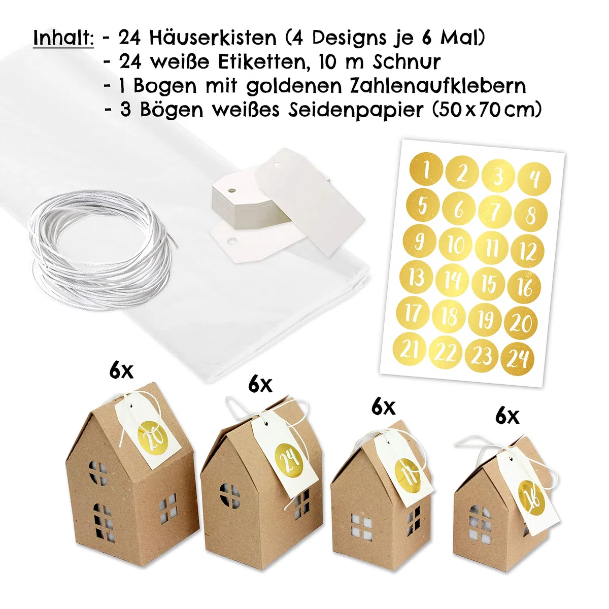 Papierdrachen Calendario de Adviento DIY para Hacer Manualidades y Rellenar - Juego de Casitas con Pegatinas de números Dorados - 24 Cajas de Color marrón Natural de cartón de 400g/m² - Reutilizable