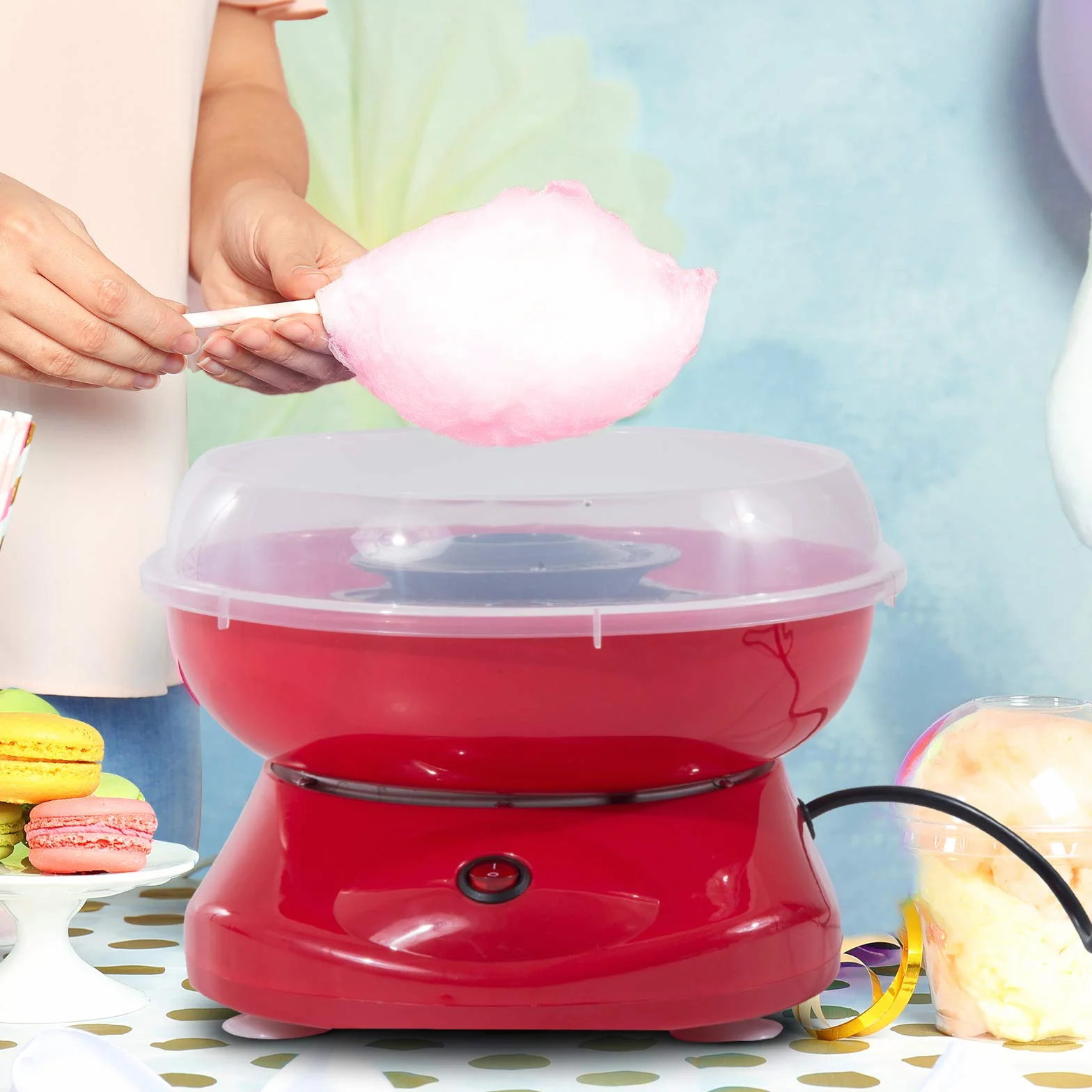 HOMCOM Máquina de Algodón de Azúcar, 450W-550W, Máquina para Hacer Algodón de Azúcar con 10 Palitos, para Fiestas de Cumpleaños Infantiles, en Casa, 27x26x18 cm, Rojo