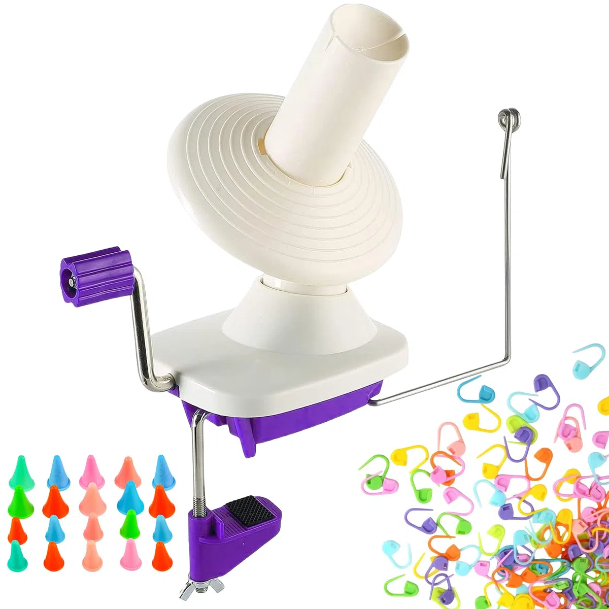Bobinador de bolas de hilo, enrollador de bolas moradas operado a mano para hilo, enrollador de hilo con fácil instalación para almacenamiento de hilo + 20 agujas de tejer de punto protectores de