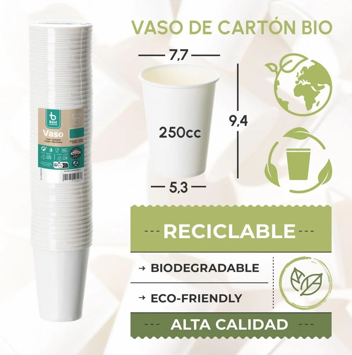 BEST PRODUCTS 400 vasos desechables café 250cc de cartón antifugas, biodegradables, compostables, reciclables, para café, agua, infusiones, bebidas frías y calientes para fiestas y eventos.