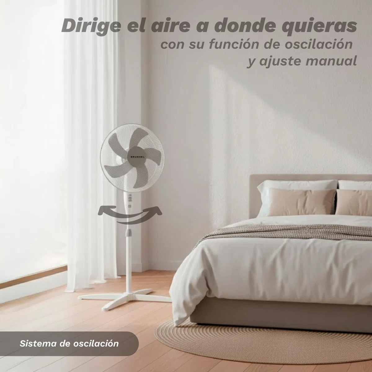 Grunkel Ventilador de Pie FAN-165 de 50W- 16" 40cm de diametro con 3 Velocidades y 5 aspas, Altura Regulable hasta 118cm. Cabezal inclinable, oscilación 90° y cable de 1,4m - 50W (Blanco)