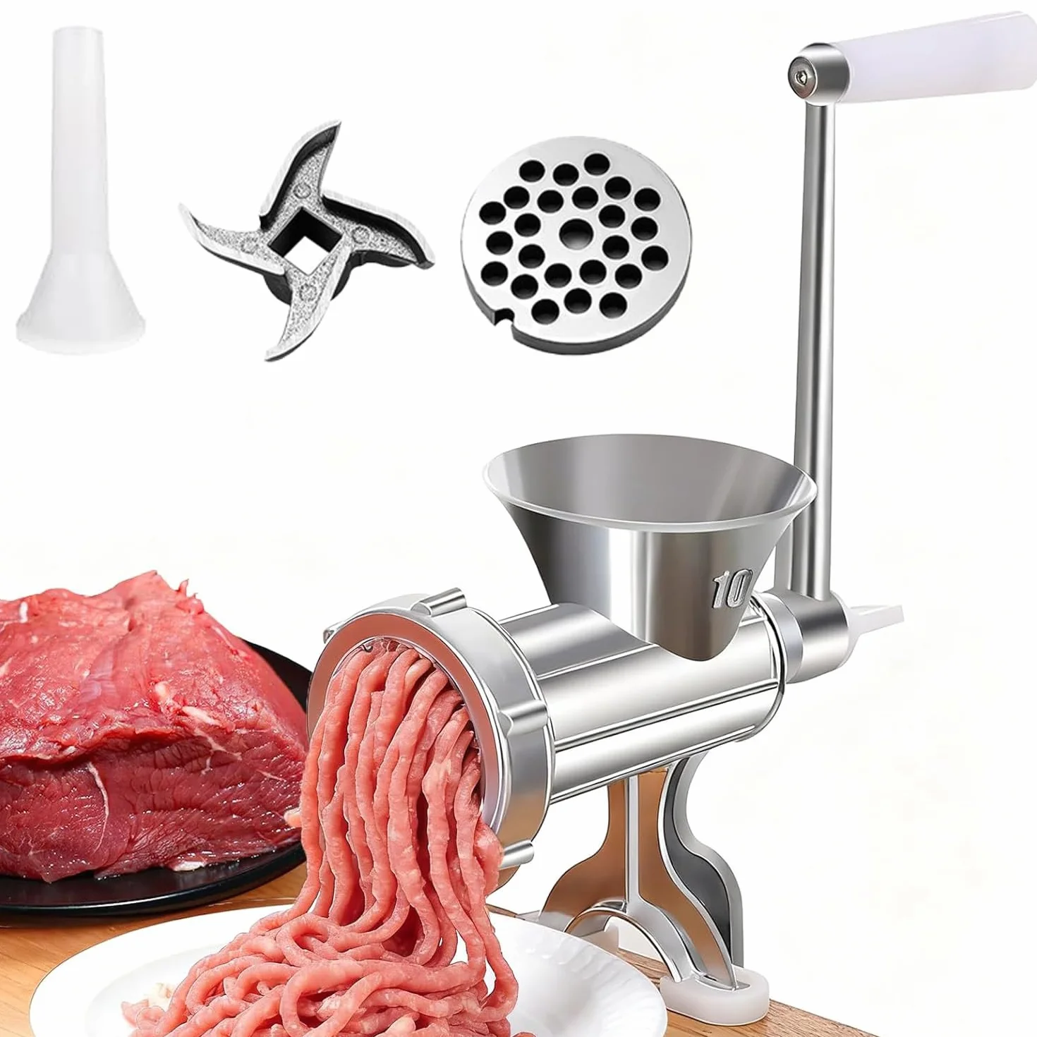 Molinillo manual multifuncional de acero inoxidable con manivela – Picadora de carne de alta resistencia, embutidora de salchichas, picadora de verduras y mezclador | Fácil de limpiar, piezas