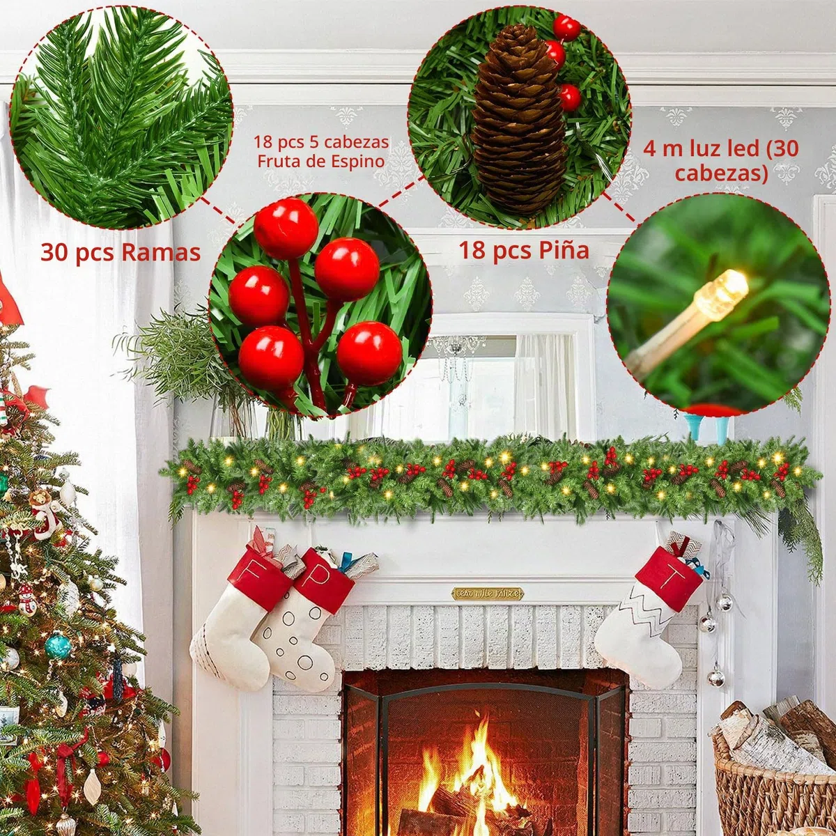 NUZEKY Guirnalda de Navidad 2,7m con 30 Luces LED Abeto Exterior Flores Bolas