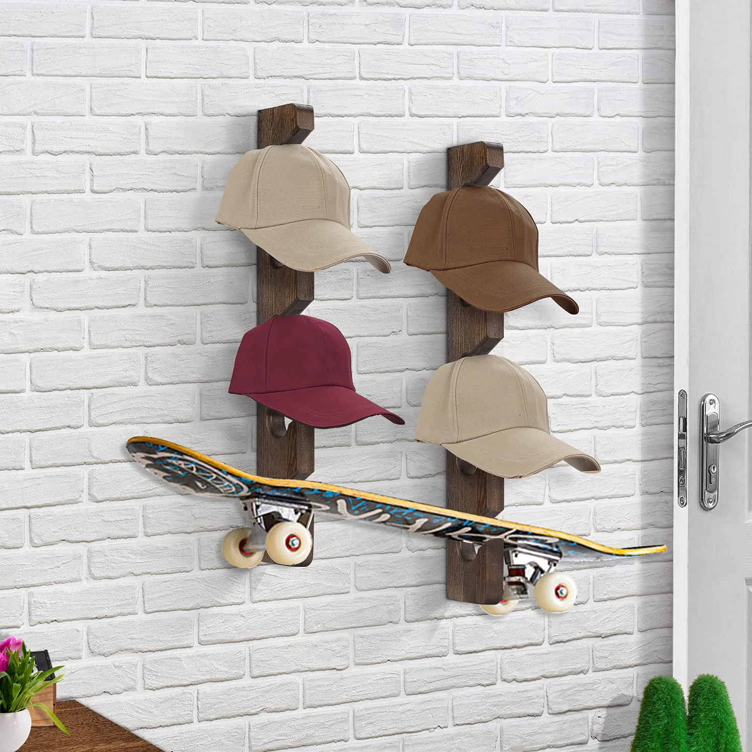 Perchero organizador de gorras de béisbol para pared (paquete de 2) soporte de madera para sombreros montado en la pared marrón