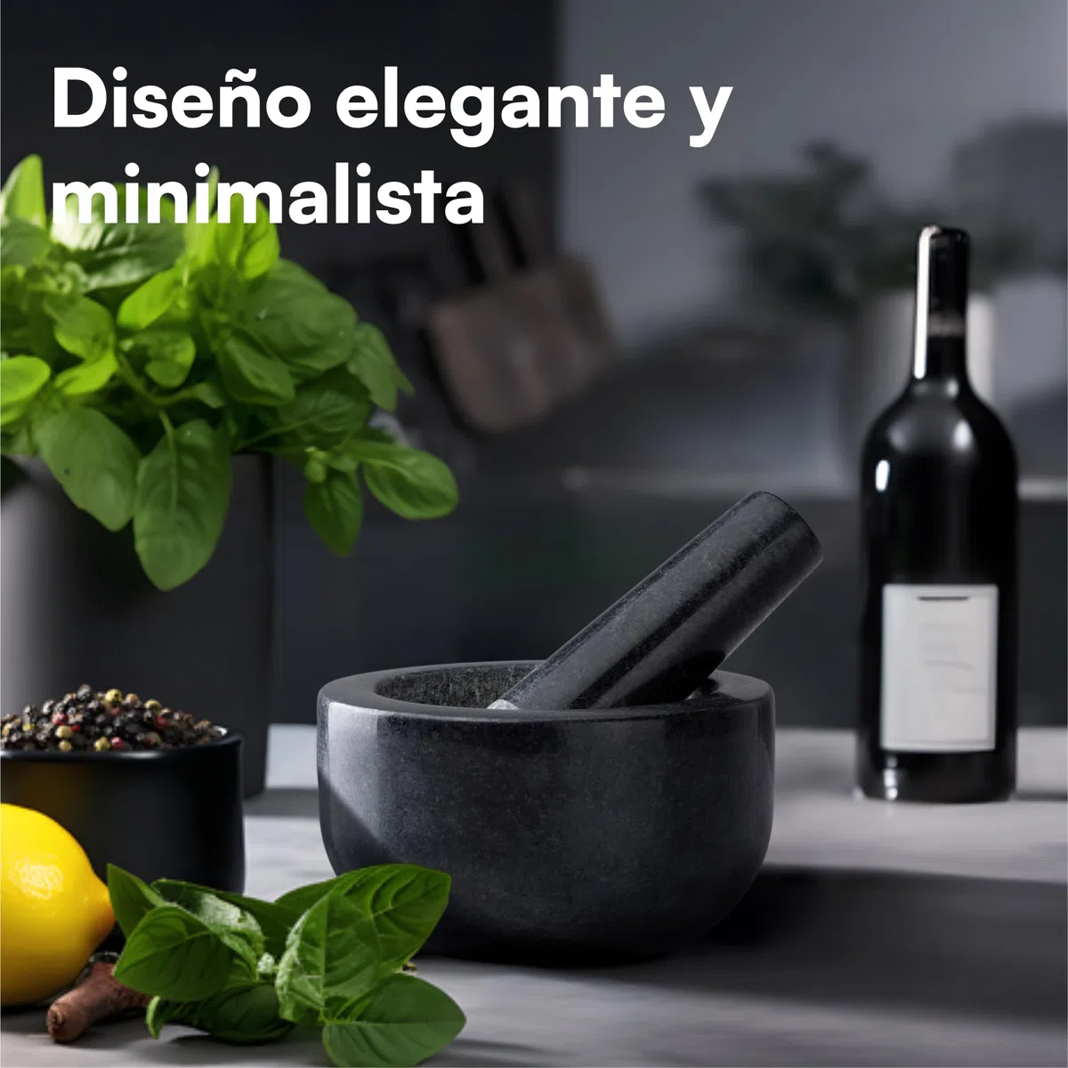 H&S Set de Mortero - Mortero Cocina de Piedra Maciza de Granito Negro para Machacar y Triturar Especias - Set Molcajete Grande de Cocina para Moler - Mortero Piedra Negra