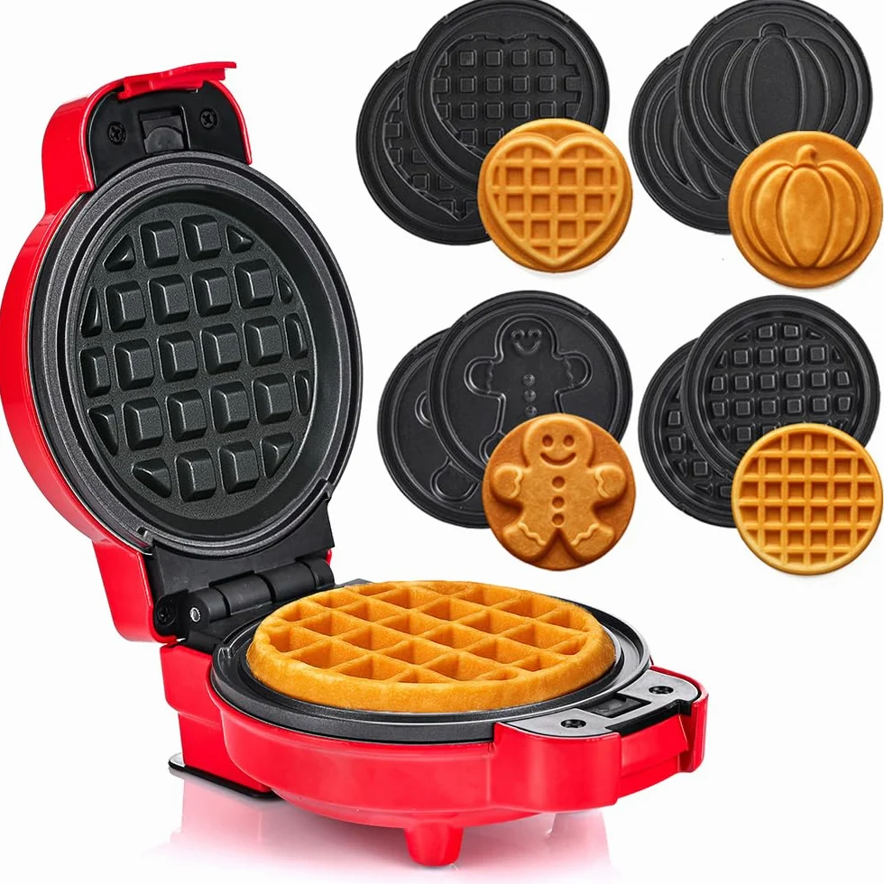 LEHMANN Mini Gofrera con Placas Intercambiables, Formas de gofre - Calabaza, Muñeco de Jengibre, Corazón y Clásica, Revestimiento Antiadherente, para fiestas infantiles y reuniones familiares, Rojo